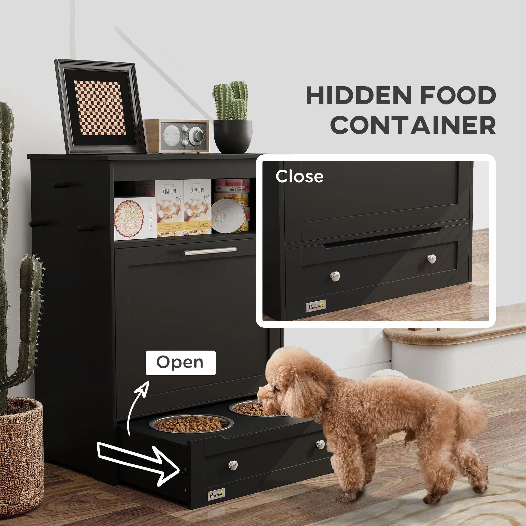 Pet Feeder Station Storage Cabinet, Dog Food Storage Container with Dog Raised Bowls, Watering Supplies, Black photo 5