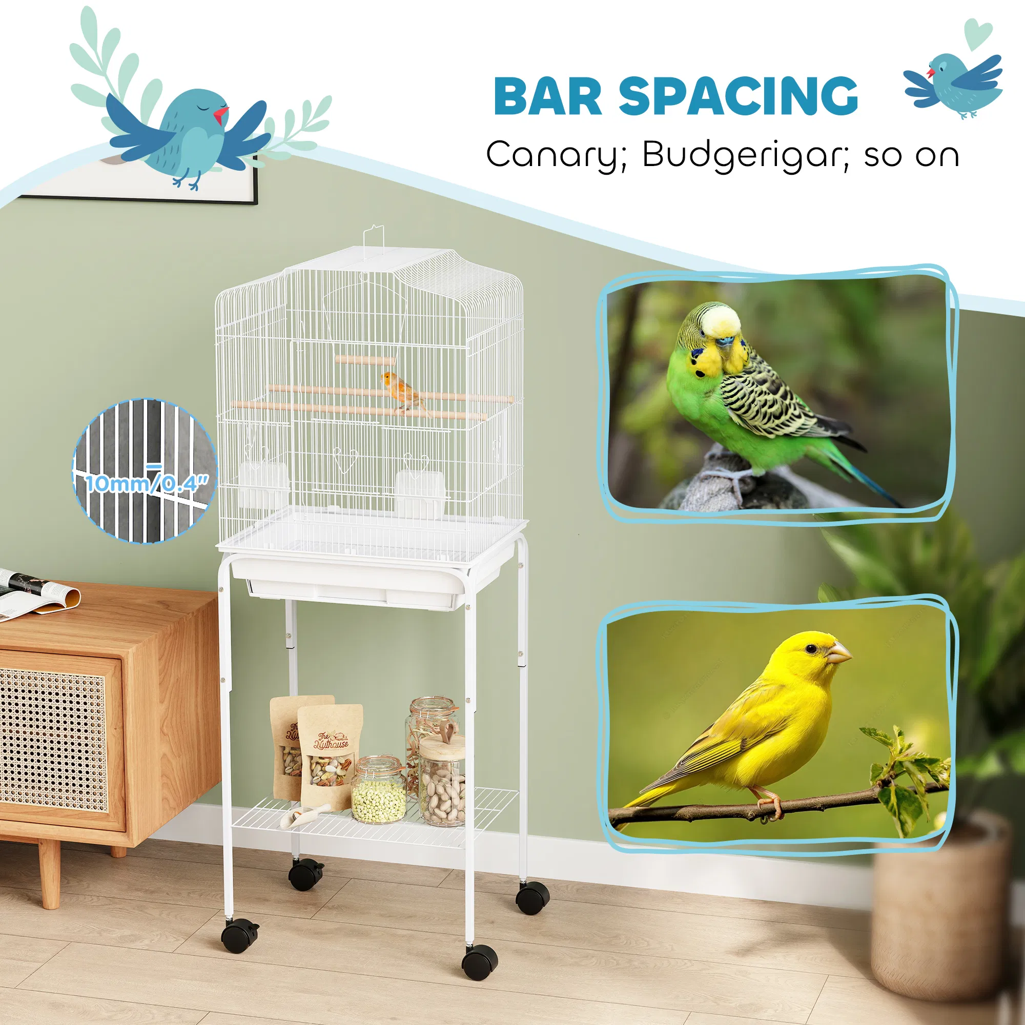 49" Rolling Bird Cage Cockatoo House Play Top Finch Pet Supply with Storage Shelf, Wheels - White photo 5