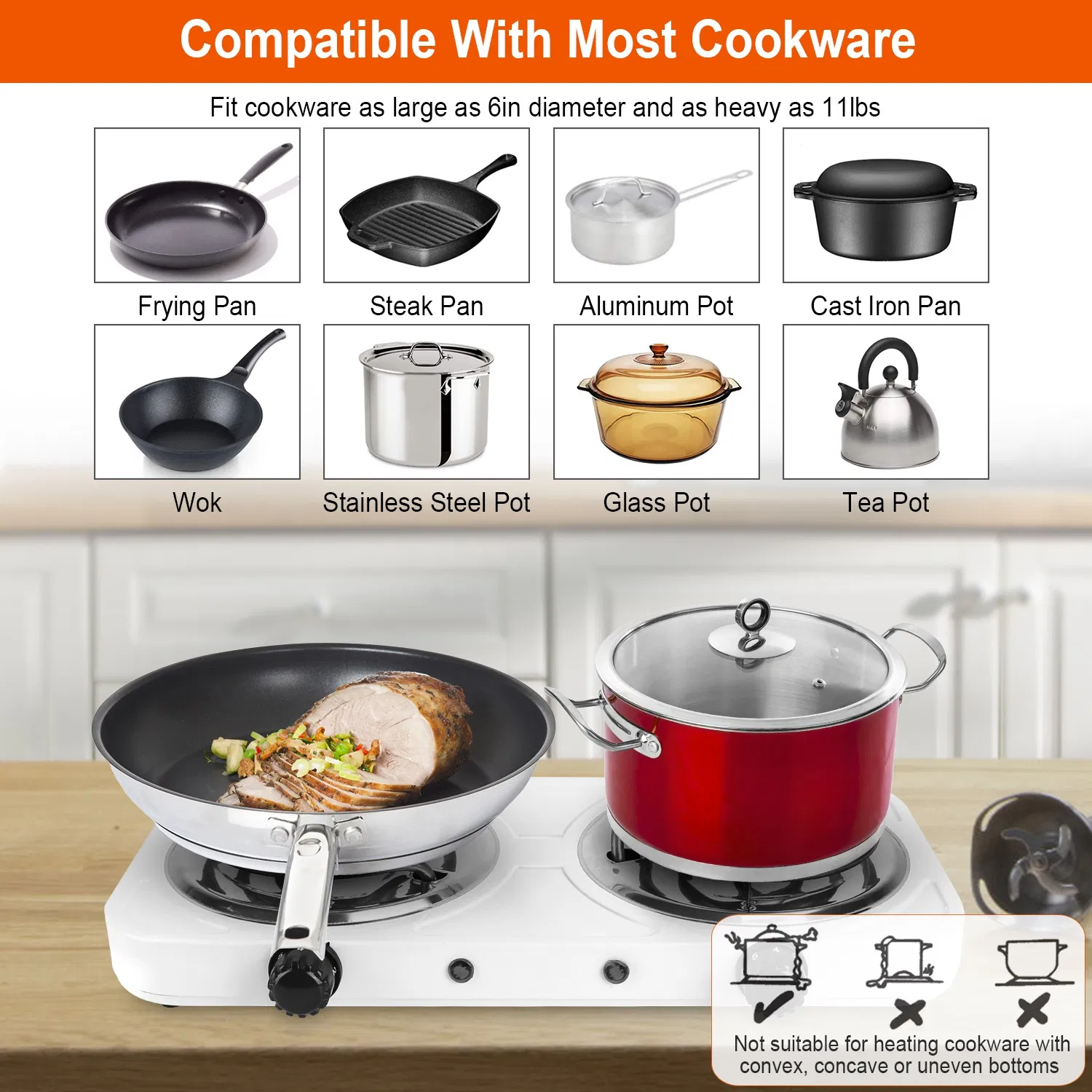 Portable Double Electric Burner, 2000W Even Heating with Independent Thermostat, Compact Hot Plate for College Dorms Small Apartments Campers photo 1