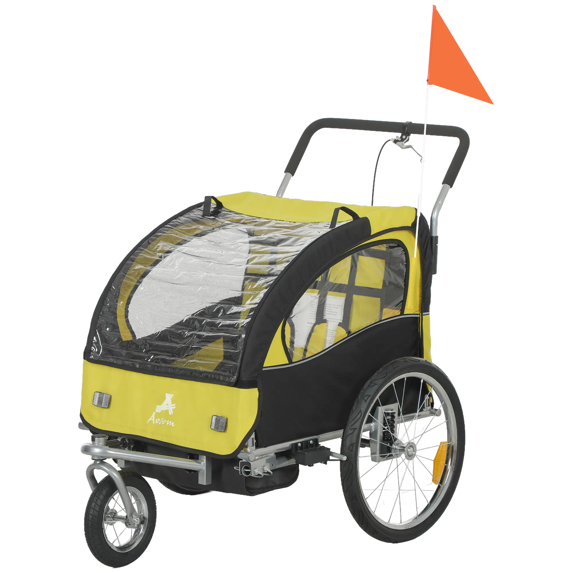 2-in-1 Bike Trailer for Kids, Foldable 2-Seat Baby Stroller with 5-Point Harness, Rubber Wheels, Storage Bag, Yellow photo 1