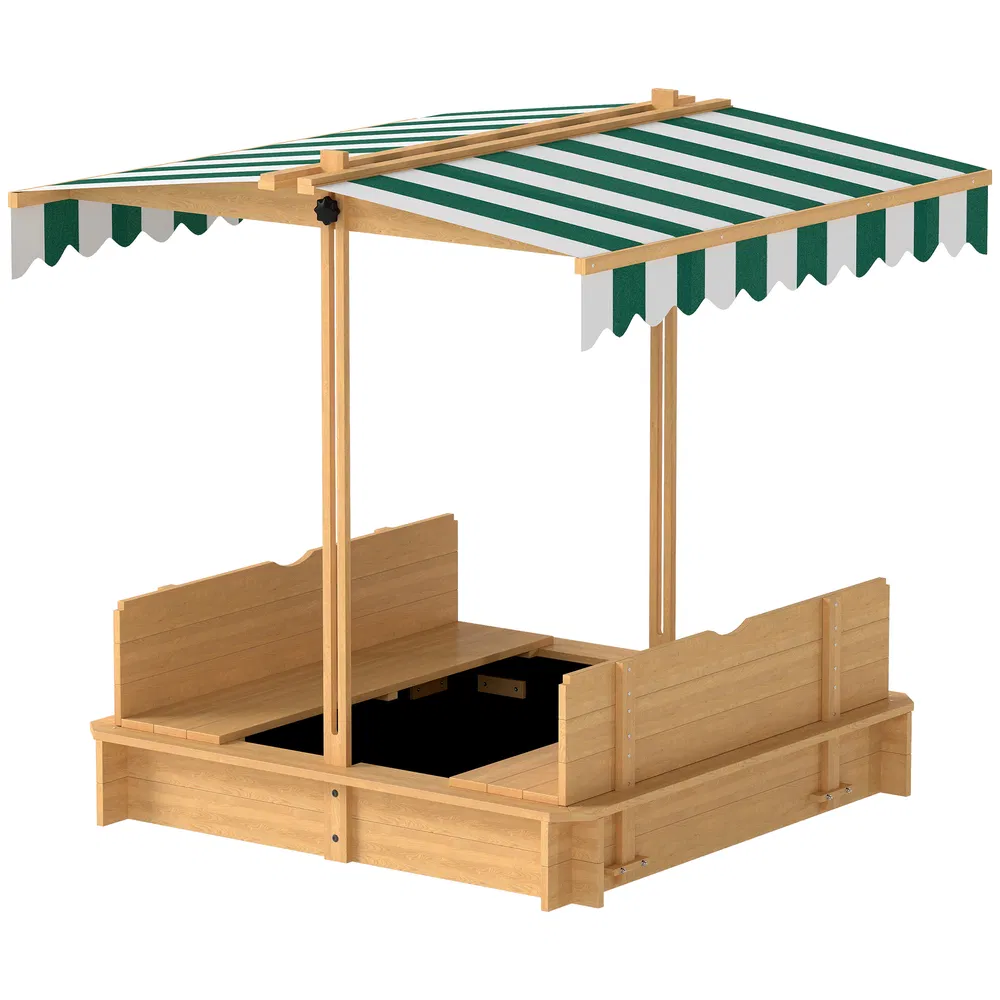 Wooden Kids Sandbox with Cover, Sand Play Station with Foldable Bench Seats and Adjustable Canopy, Light Brown photo 7