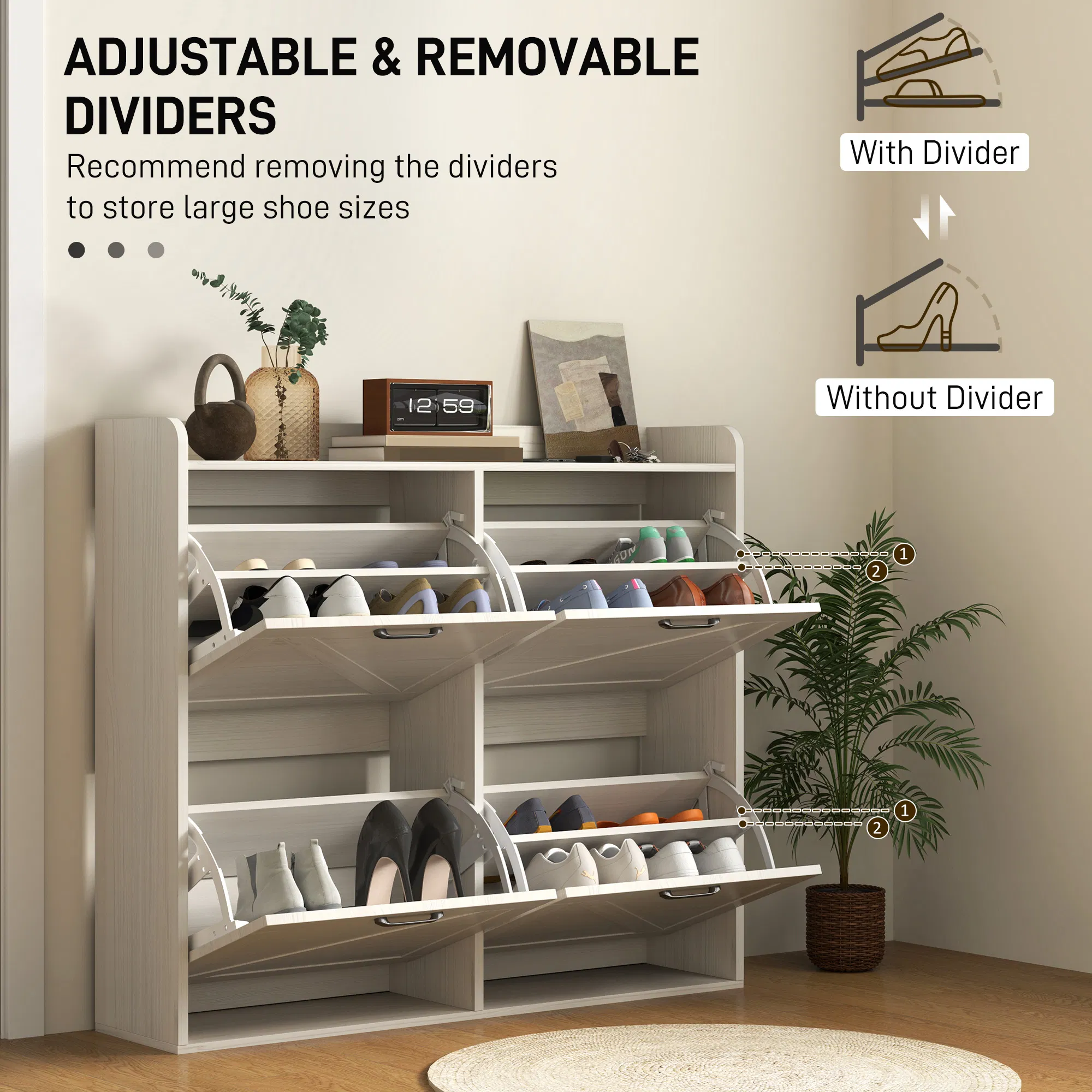 Narrow Shoe Storage Cabinet with 4 Flip Drawers, Adjustable Shelves, 16 Pair Farmhouse Shoe Cabinet, White Oak photo 6