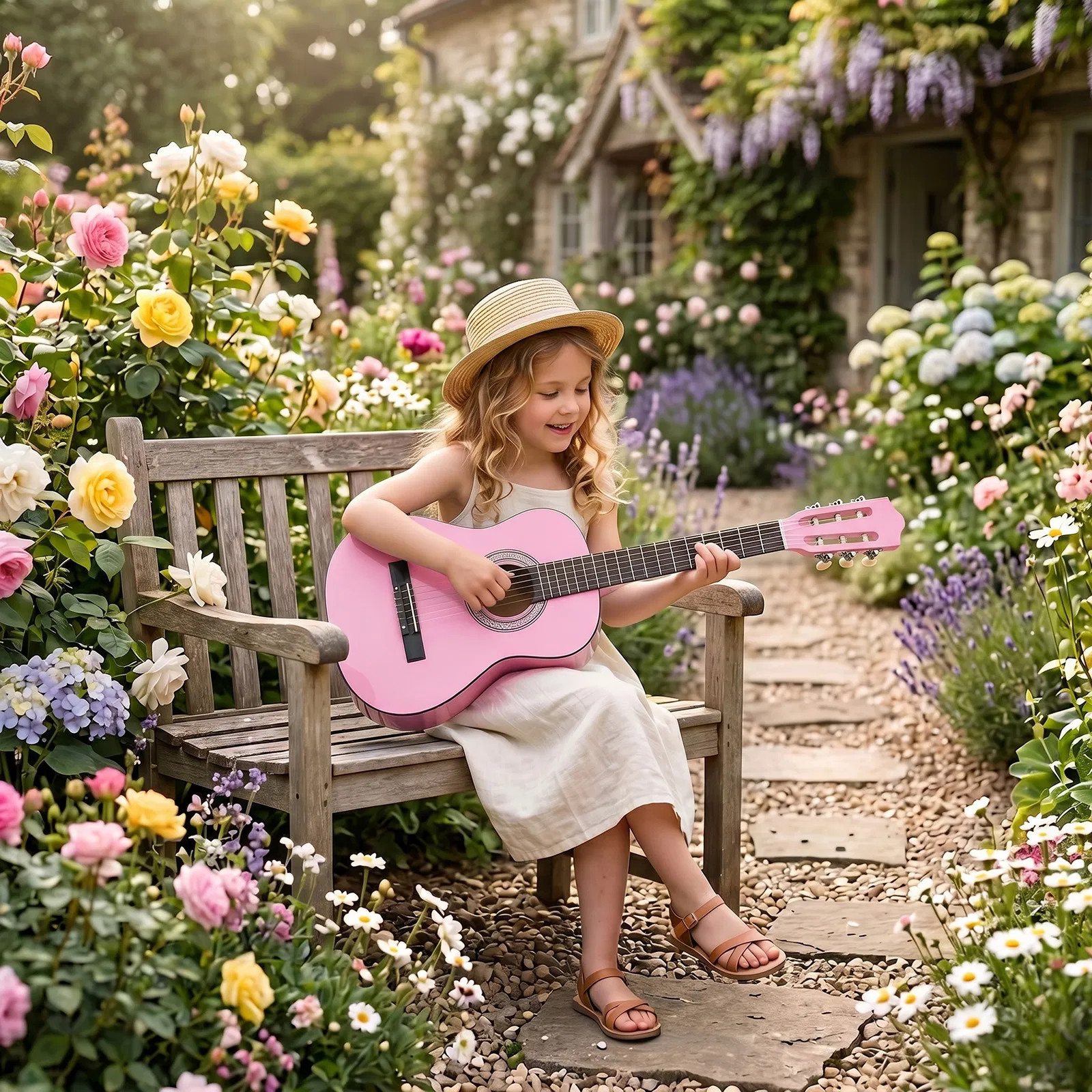 Light pink 30-inch Round Acoustic Guitar with Picks, Strings, Capo, Case, Tuner, and Strap photo 6