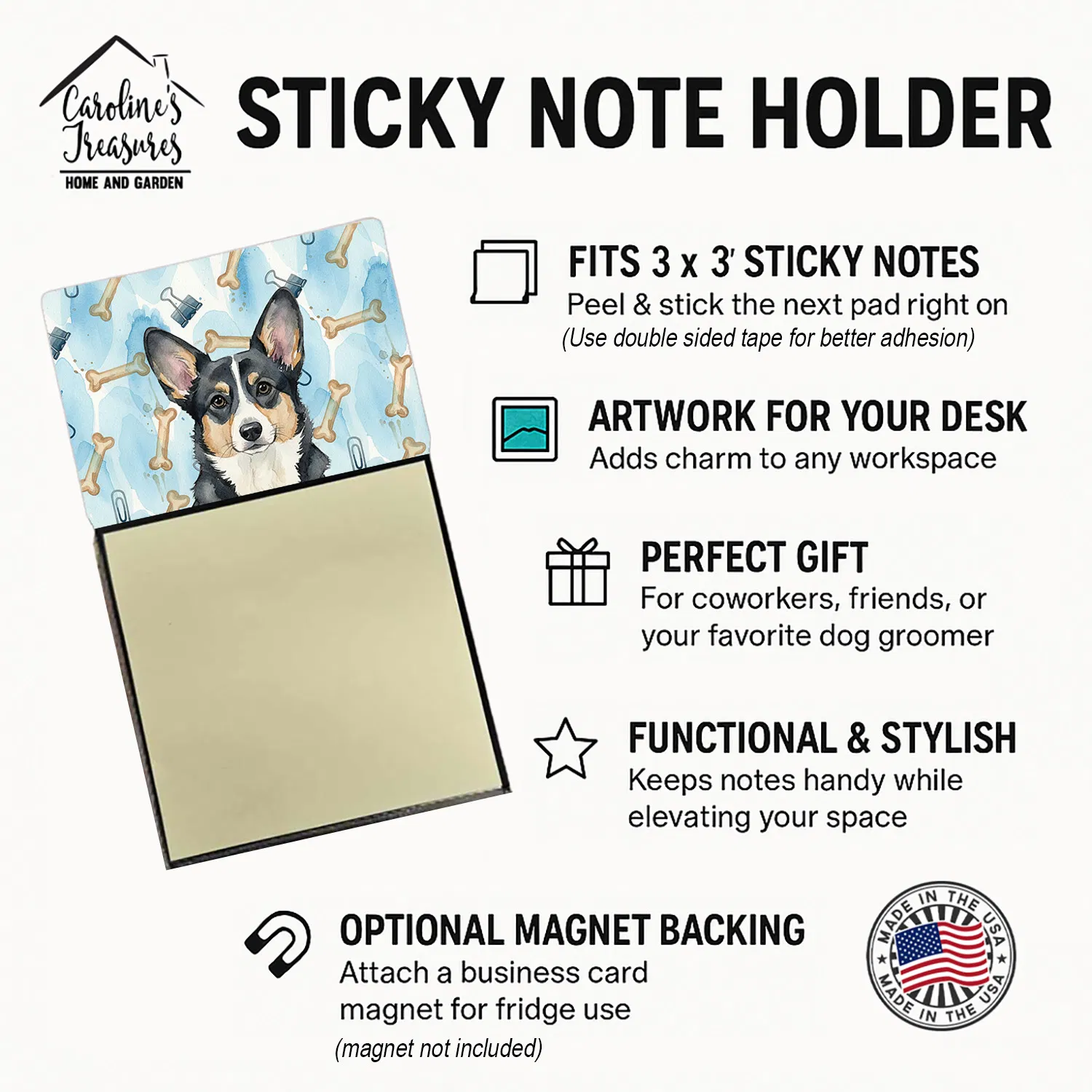 Black and White Cardigan Welsh Corgi Coworker Watercolor Sticky Note Holder Refillable Dispenser Desk Accessory 3x3 Pad Gift photo 7