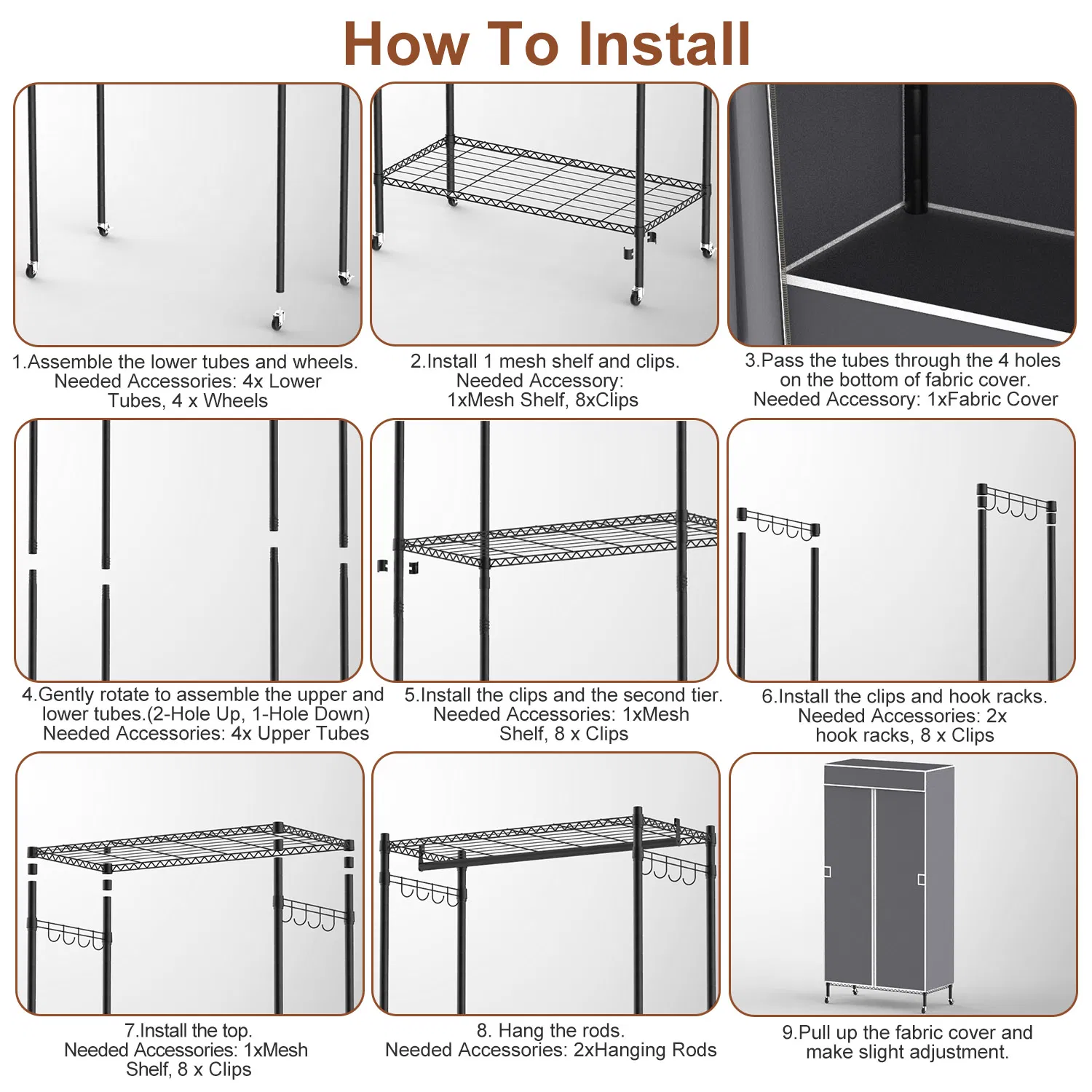 2 Tier Clothing Rack With Cover Portable Wardrobe Closet Covered Garment Rack with 4 Wheels 2 Hanging Rods 2 Hook Racks 35.43x17.13x72.44in photo 8