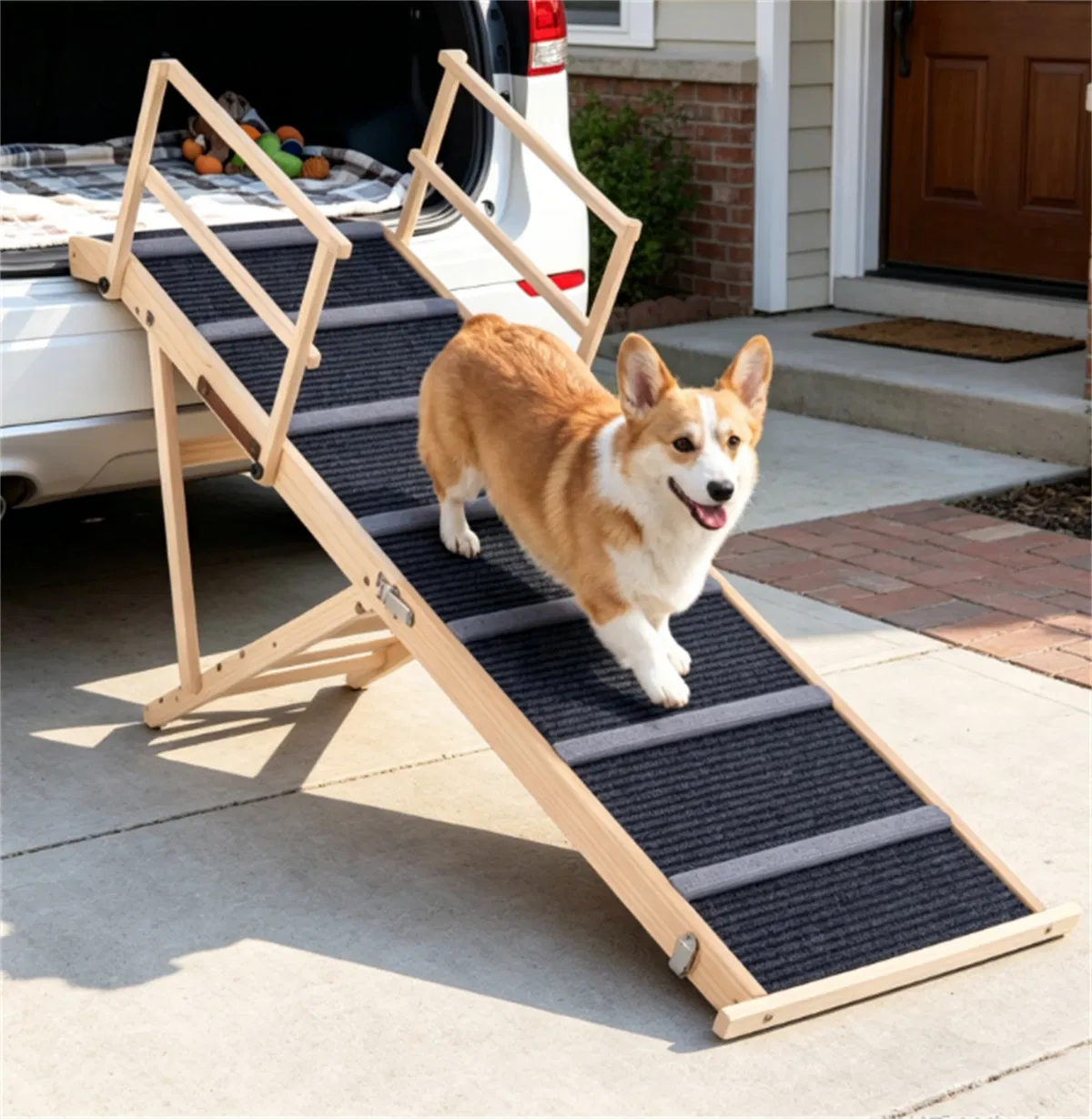 6-Level Adjustable Foldable Pet Ramp , Solid Pine Wood Non-Slip Dog Stairs with Side Rails, 145 lbs Heavy Duty Pet Step for Senior Dogs & Pets with Mobility Issues photo 1
