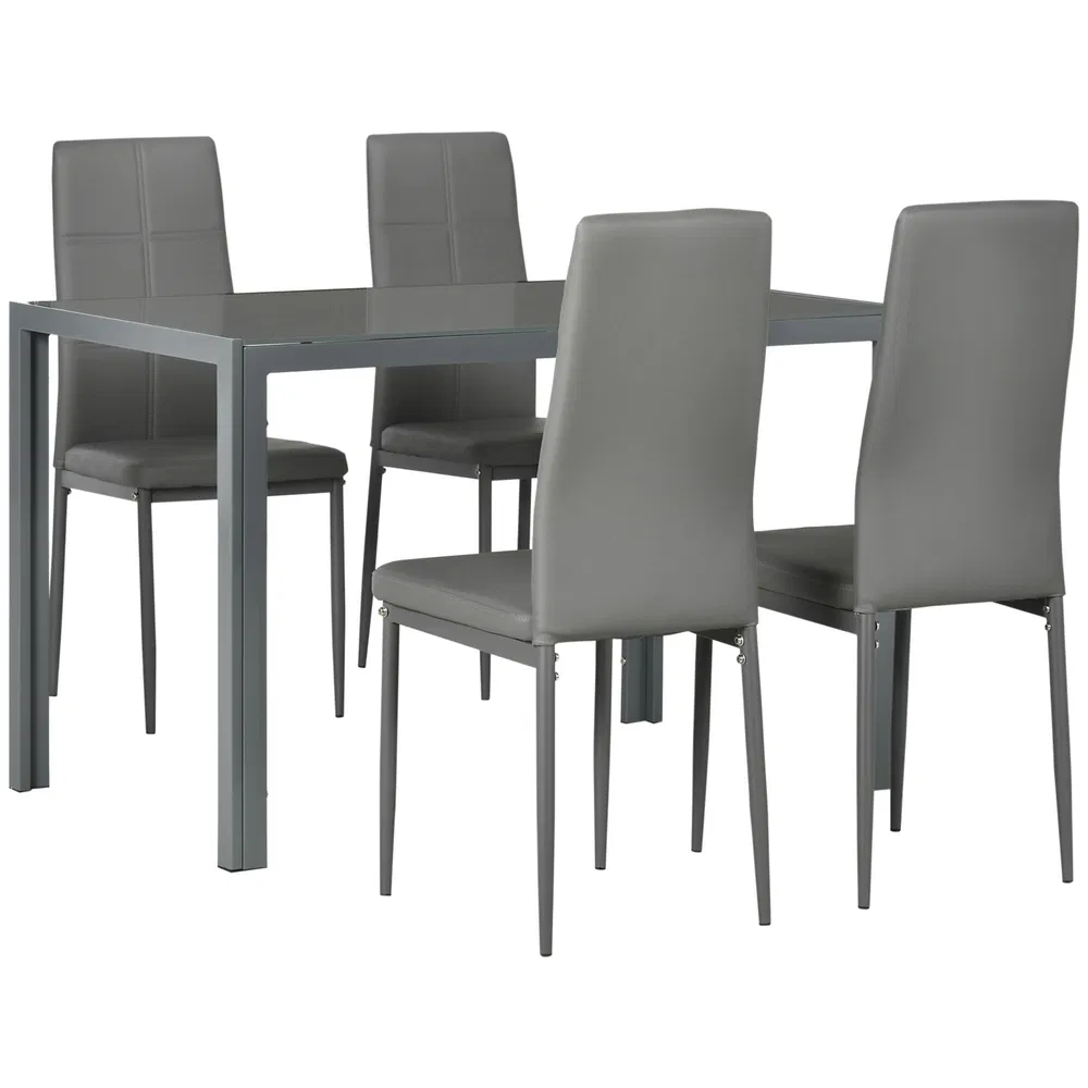 3-Piece Rectangular Glass Kitchen Table and Chairs with Metal Frame and Faux Leather Upholstery for Dining Room, Grey photo 2