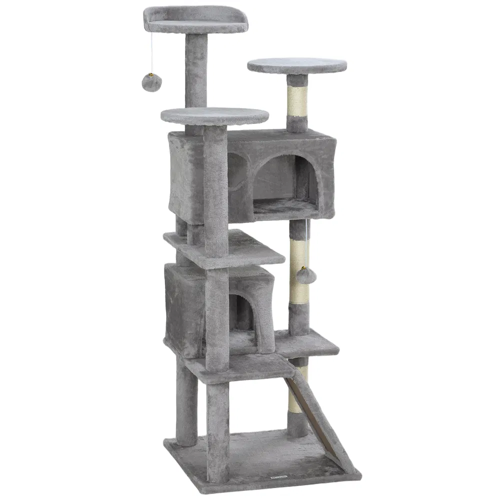 54" Cat Tree, Multi-Level Cat Tower with Scratching Posts, Cat Condos, Bed, Platforms, Ramp, Toy Ball, Light Grey photo 2