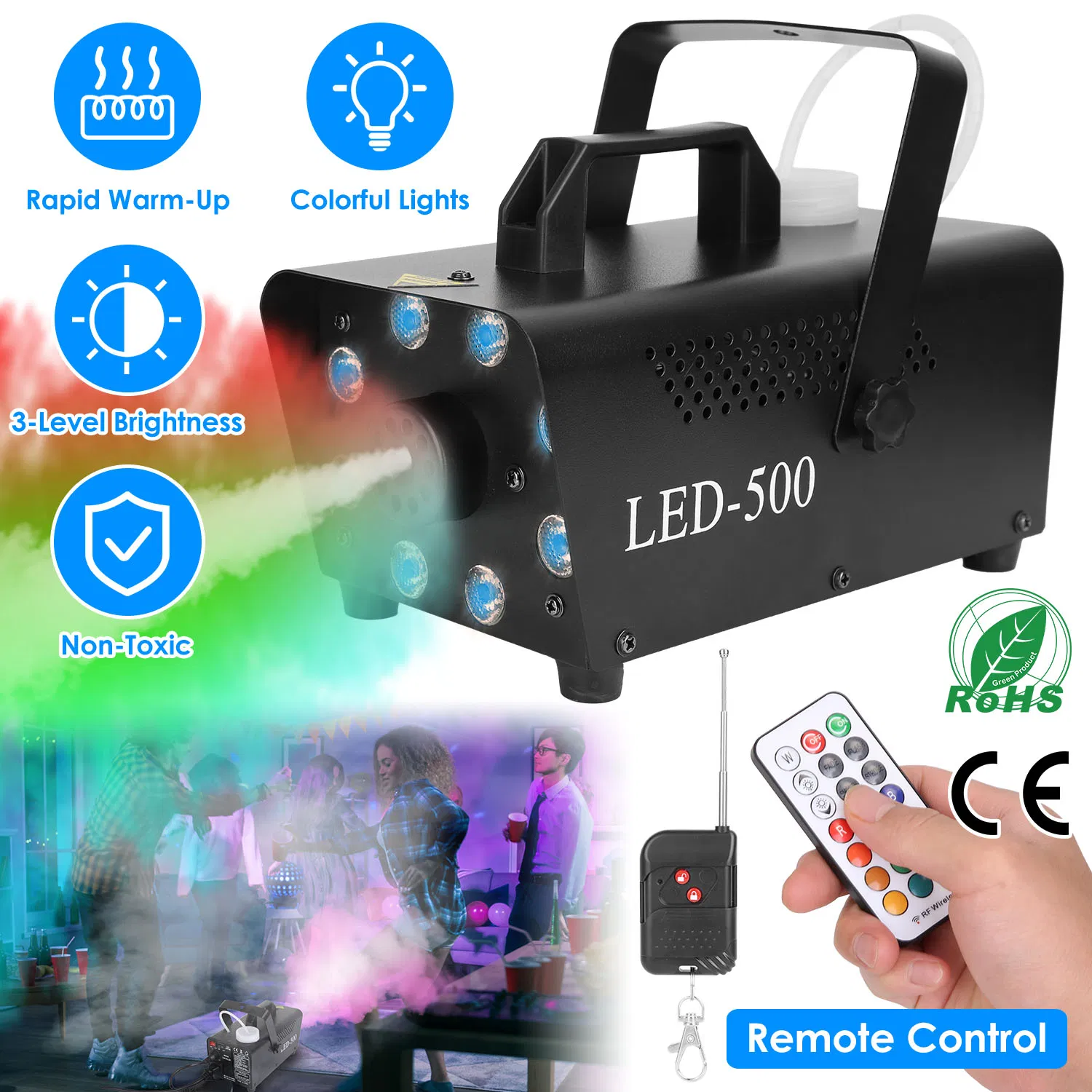 500W Fog Machine 2000CFM Colorful Smoke Machine with 8Pcs LEDs 5 Lighting Effects 3-Level Brightness photo 1