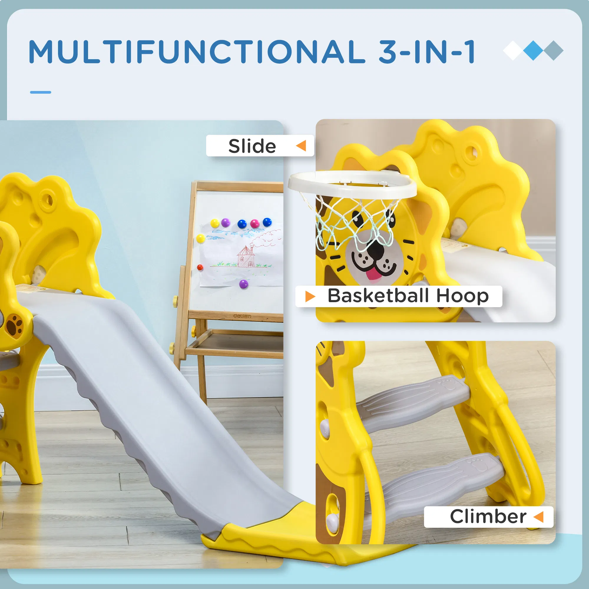 3 in 1 Slide for Toddlers, Kids Slide Playset with Basketball Hoop, Climber, for 18-36 Months, Yellow photo 2