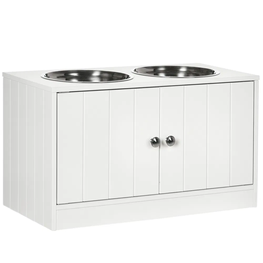 Elevated Dog Bowls for Large Dogs Pet Feeding Station with Stand, Storage, 2 Stainless Steel Food and Water Bowls, White, 23.6" x 11.8" x 14" photo 2