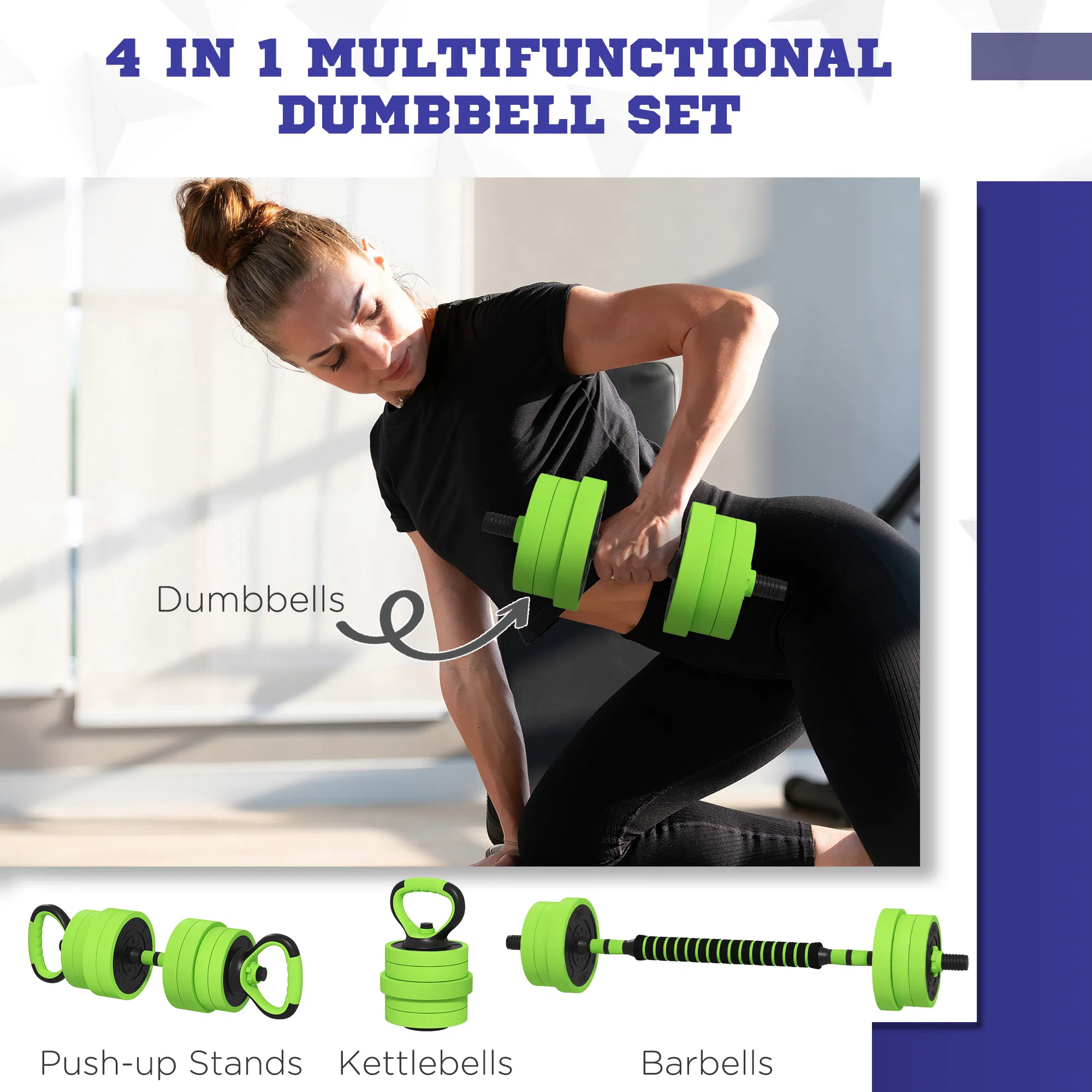 44lbs 4-in-1 Adjustable Weight Dumbbell Set, Barbell, Kettlebell, Push Up Stand, Green photo 6