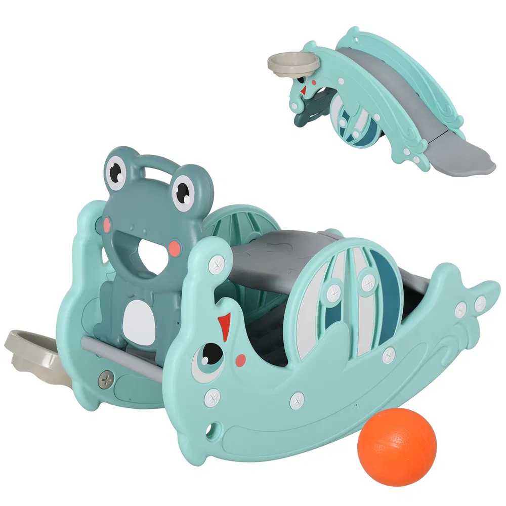 3-in-1 Kids Slide And Rocking Horse Dual-Use Children Activity Equipment Portable Slide Indoor Outdoor Playground Toy W/ Basketball Hoop Toddler Birthday Gift, Age 1.5-3, Green photo 2