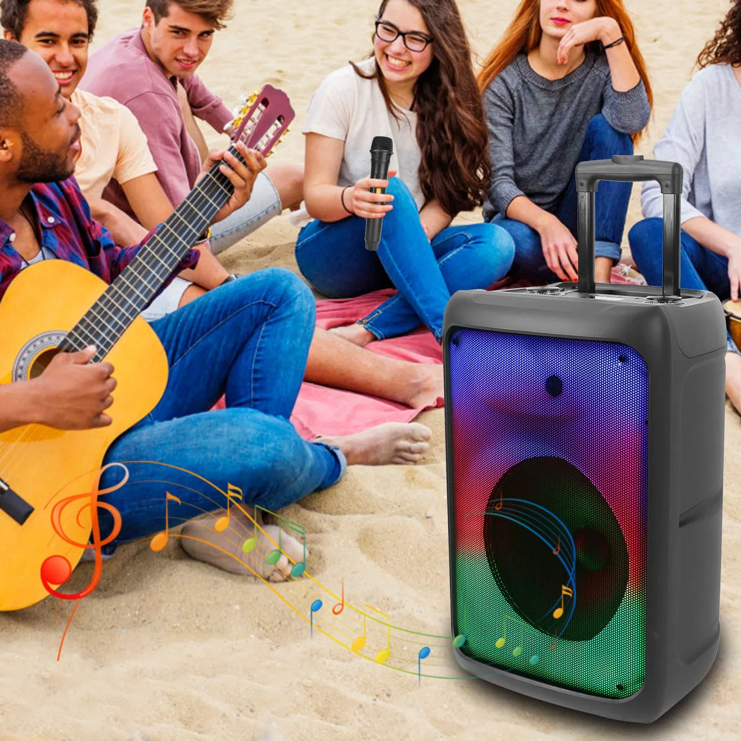 Portable Wireless Party Speaker Party Speaker with with 5 Colorful Lighting Modes TWS FM USB MMC Slot Aux In Recording Mic Priority Trolley Handle 2 Wheels Remote Control photo 1