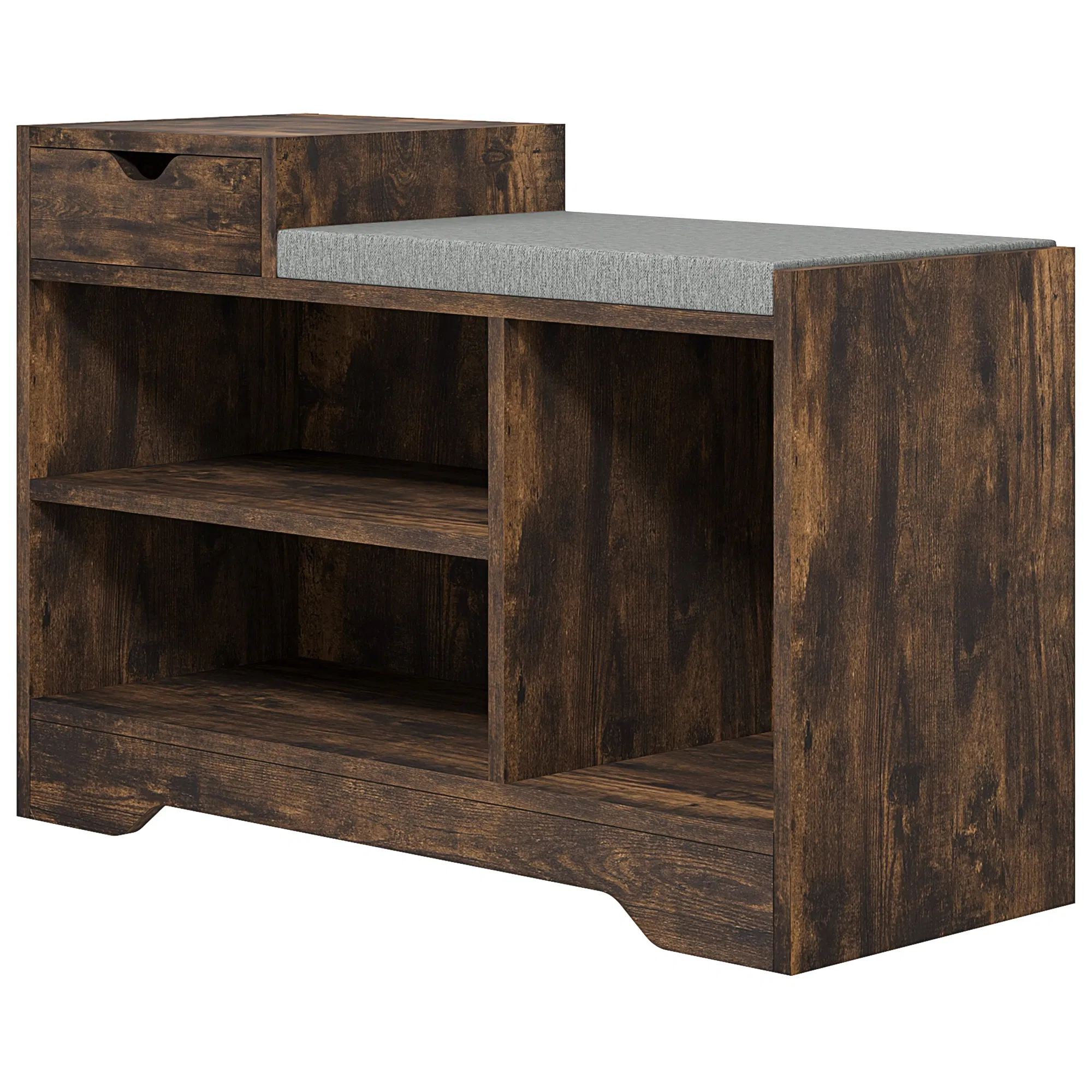 Upholstered Shoe Storage Bench, Hallway Shoe Storage with Seat, Drawer, 3 Open Shelves for Entryway, Rustic Brown photo 1