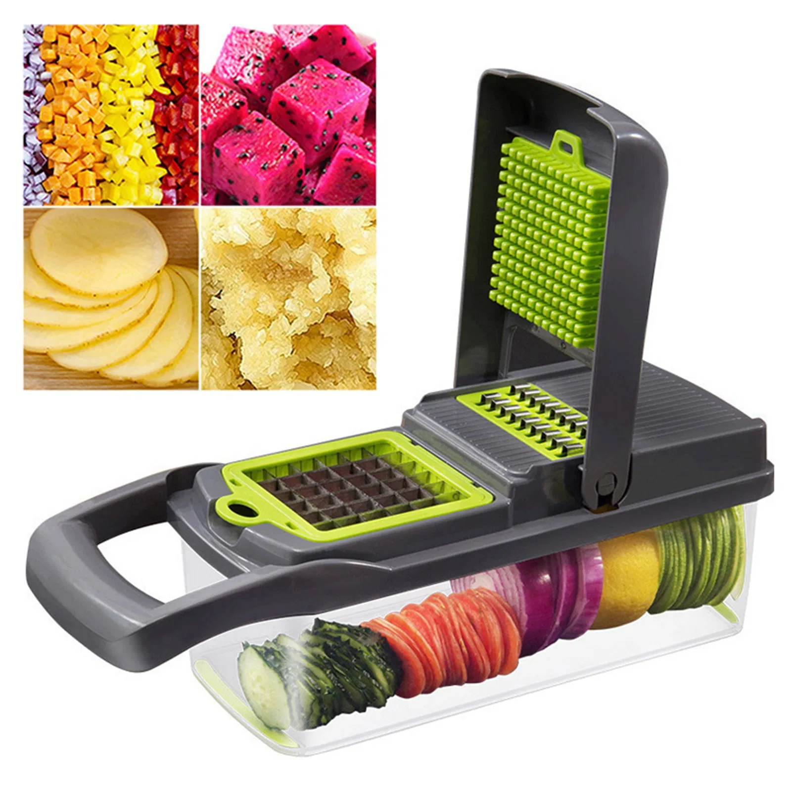 Vegetable Chopper Dicer with Container | Cheese Grater Mandoline Slicer Cabbage Shredder French Fry Cutter Stainless Steel for Veggie Onion Potato Fruit Food, Manual Hand Cooking Gadget for Kitchen photo 6