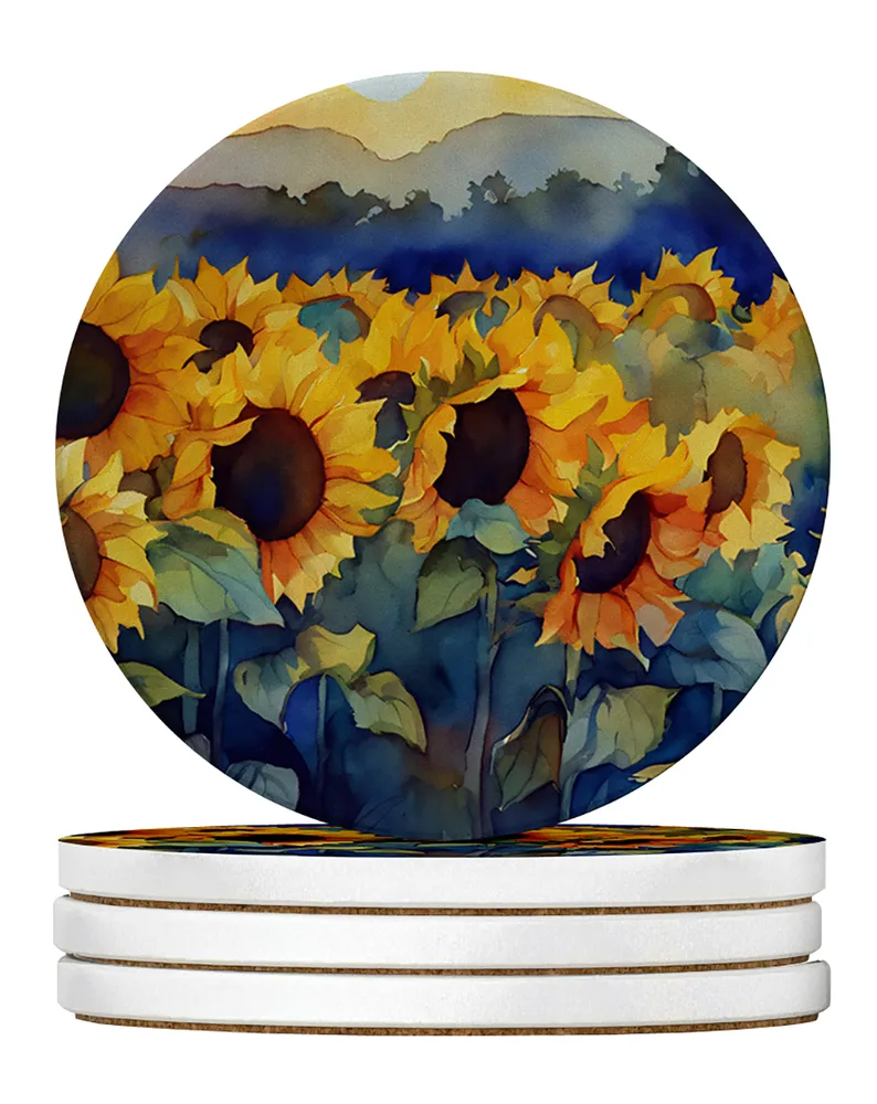 Sunflowers in Watercolor Large Sandstone Coasters Pack of 4 Absorbent Round Coasters Decor Gifts for Men or Women, 4 in, Multicolor photo 5