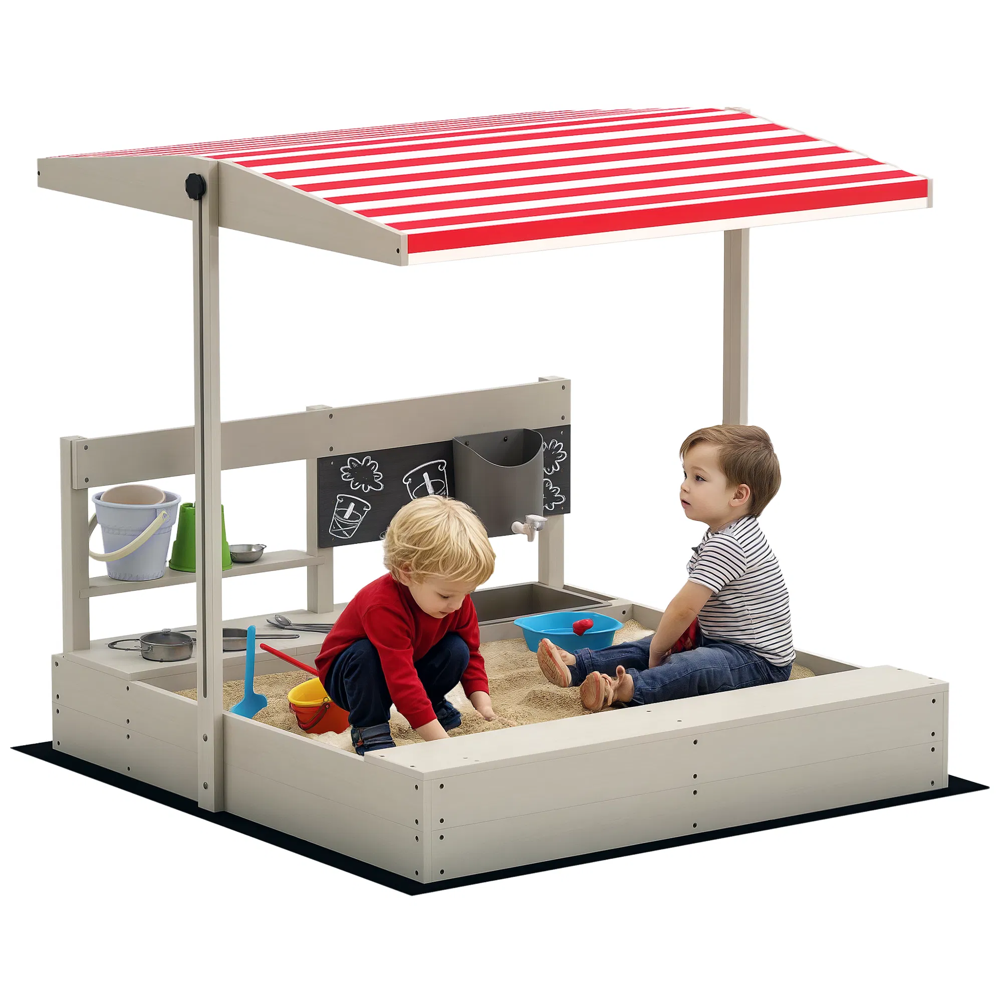 Kids Sandbox with Cover Kitchen Playset Toys, Wooden Sand Box with Seat, Storage, for 3-7 Years Old, Grey photo 1