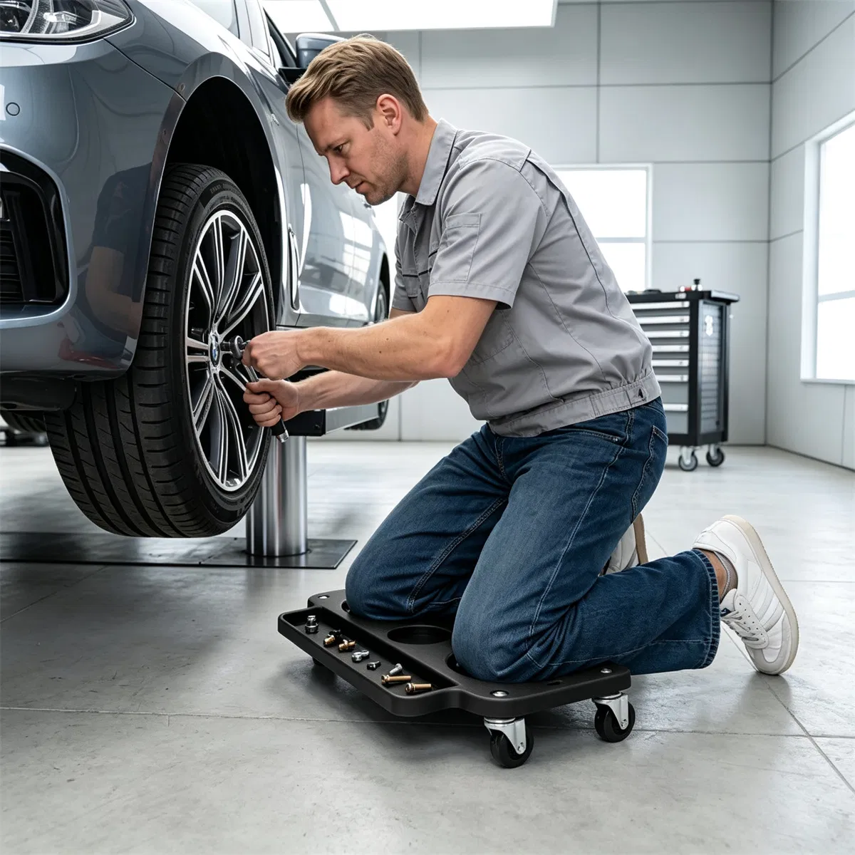 Black Rolling Knee Creeper with EVA Foam Cushioned Pads, 300 LBS Capacity Garage Knee Dolly with Magnetic & Long Tool Tray for Auto Repair Flooring Gardening Work photo 6