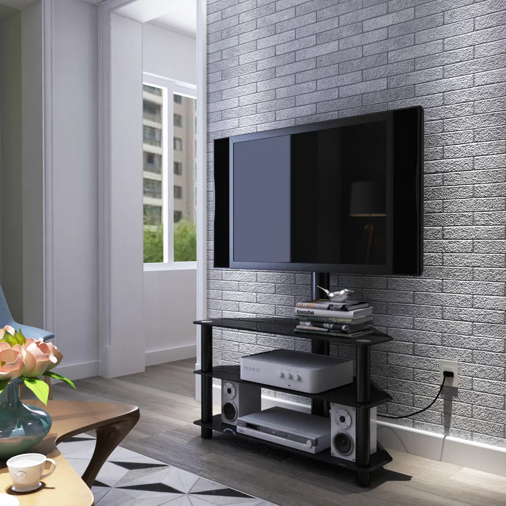 Black Multi-function TV Stand Height Adjustable Bracket Swivel 3-Tier photo 2
