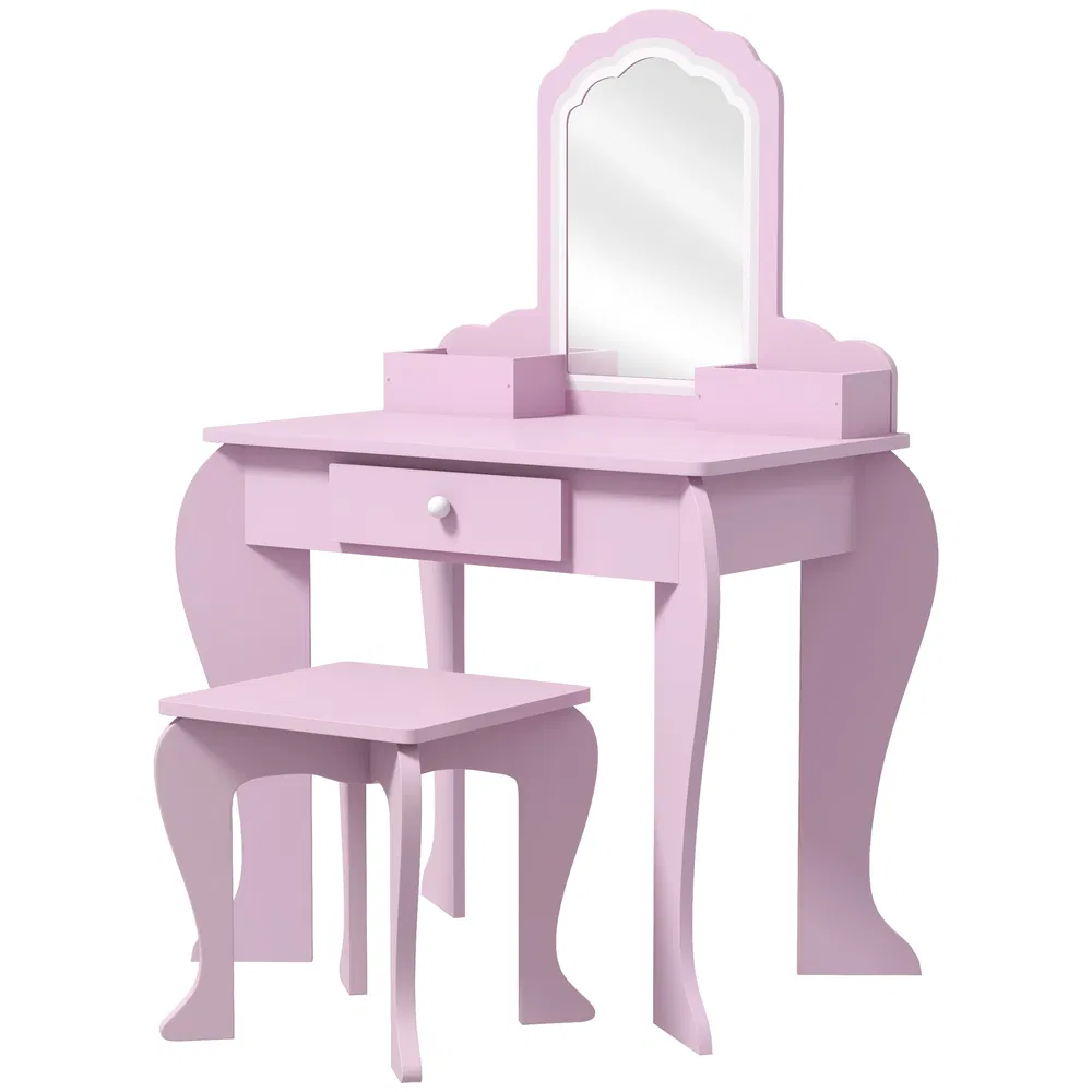 Makeup Vanity with Mirror and Stool, Cloud Design, Drawer, Storage Boxes, for 3-6 Years Old, Pink photo 2