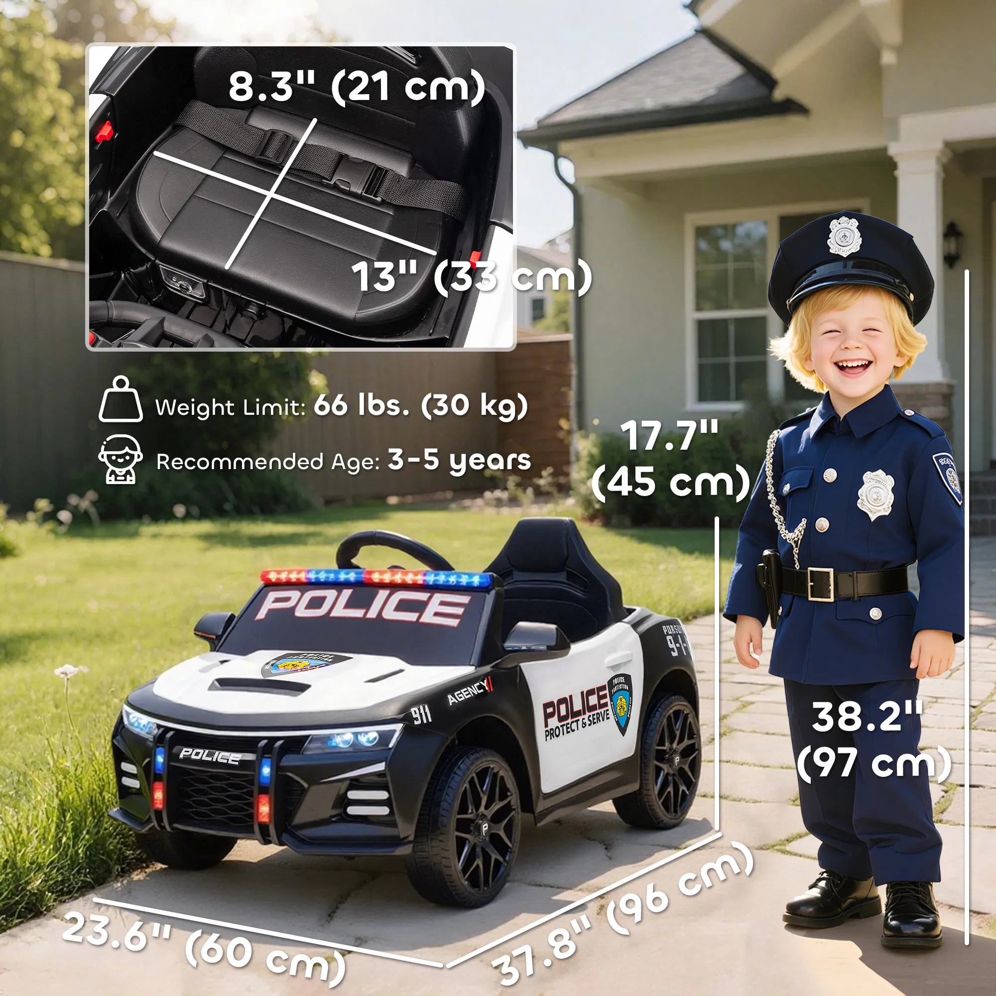 Kids Electric Ride on Police Car with Remote Control, Sirens, Flashing Lights, Music, Horn, Shock Absorbers, White photo 3