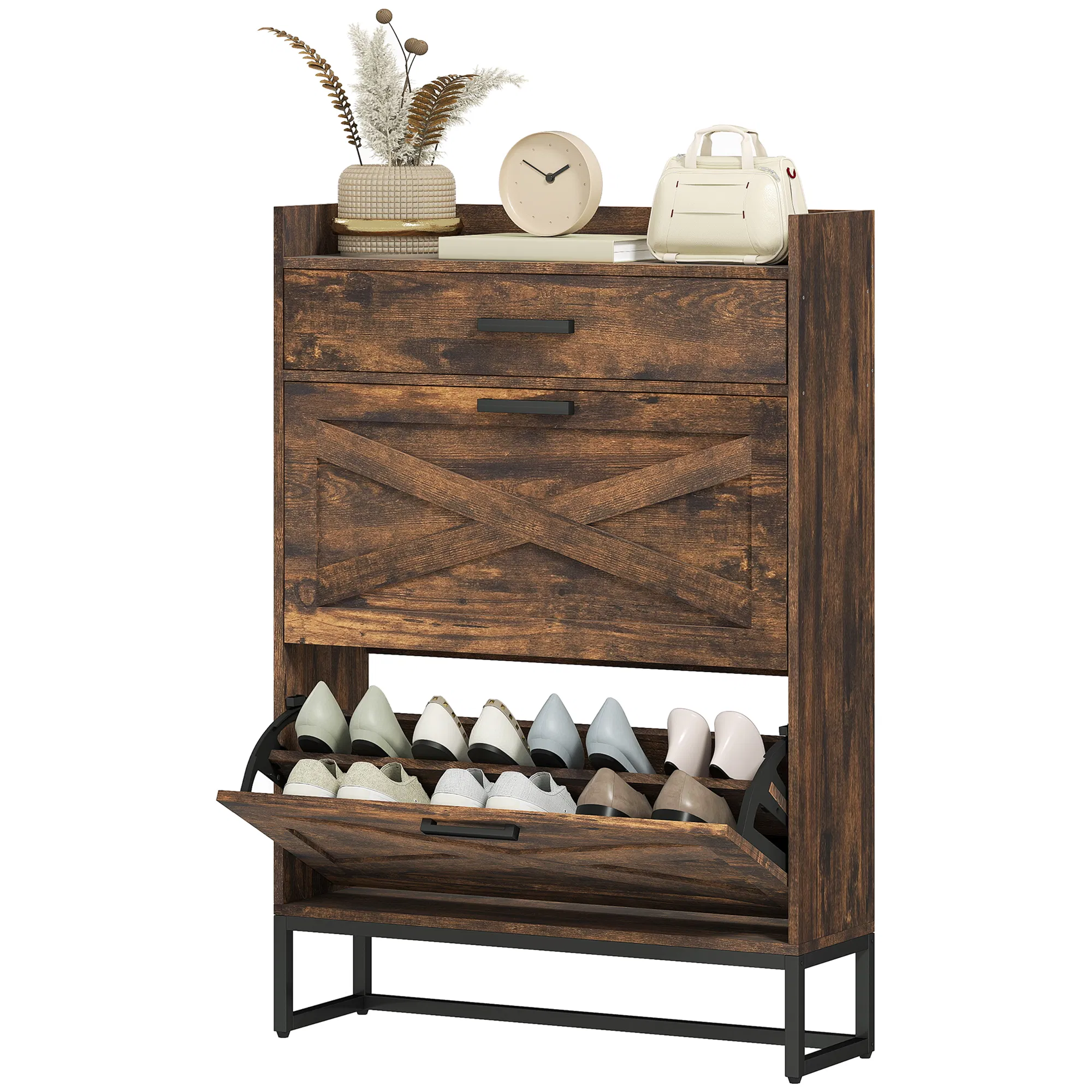 Slim Shoe Storage with 2 Flip Drawers and Adjustable Shelves Shoe Cabinet Organizer for 12 Pair, Rustic Brown photo 1