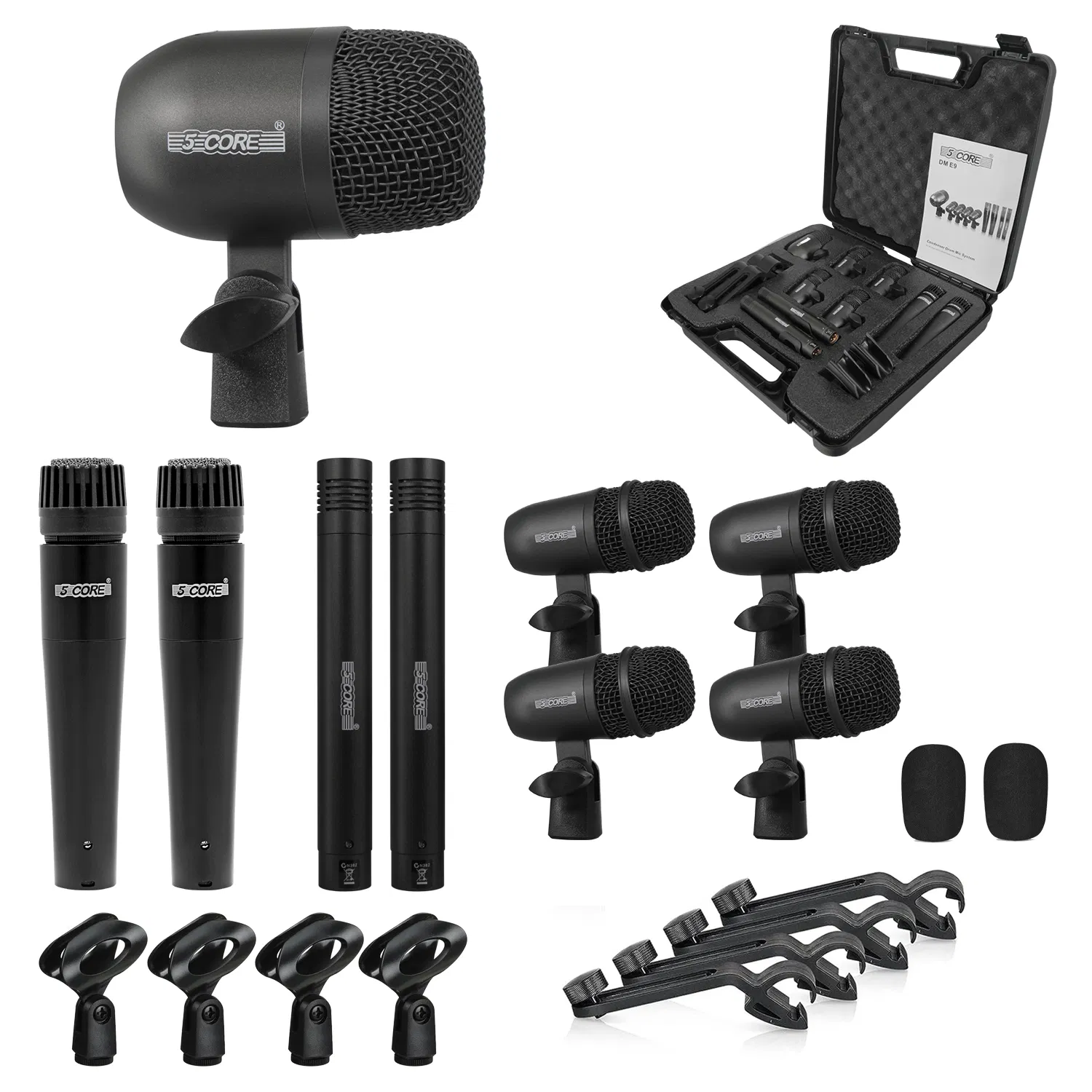 5 Core Drum Microphone Kit 9Pc All Metal Drummer Mics Tom/Snare & Cymbals Wired Instrument Drums Set photo 1