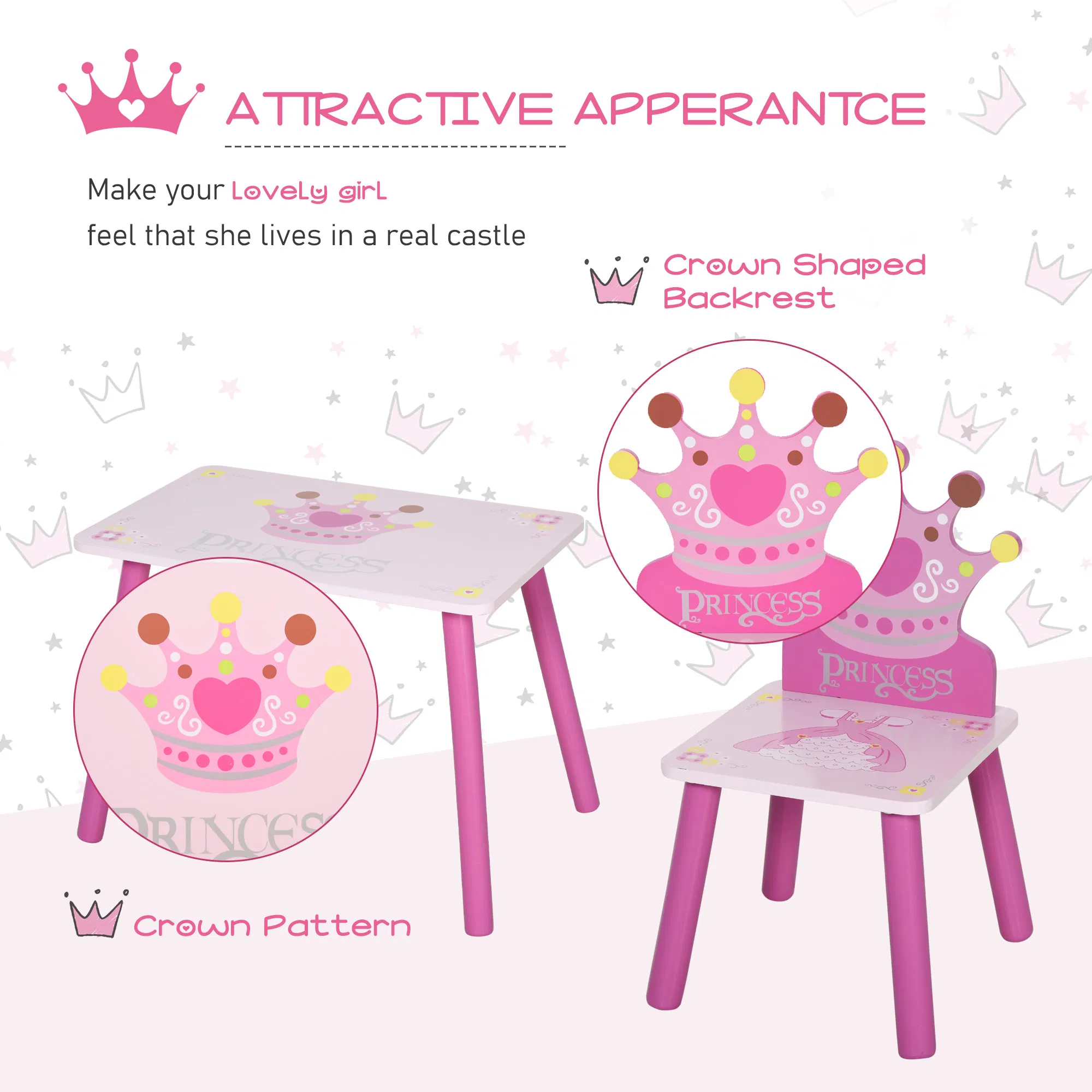 3-Piece Set Kids Wooden Table Chair with Crown Pattern Easy to Clean Gift for Girls Toddlers Age 2-4 Years Old Pink photo 5
