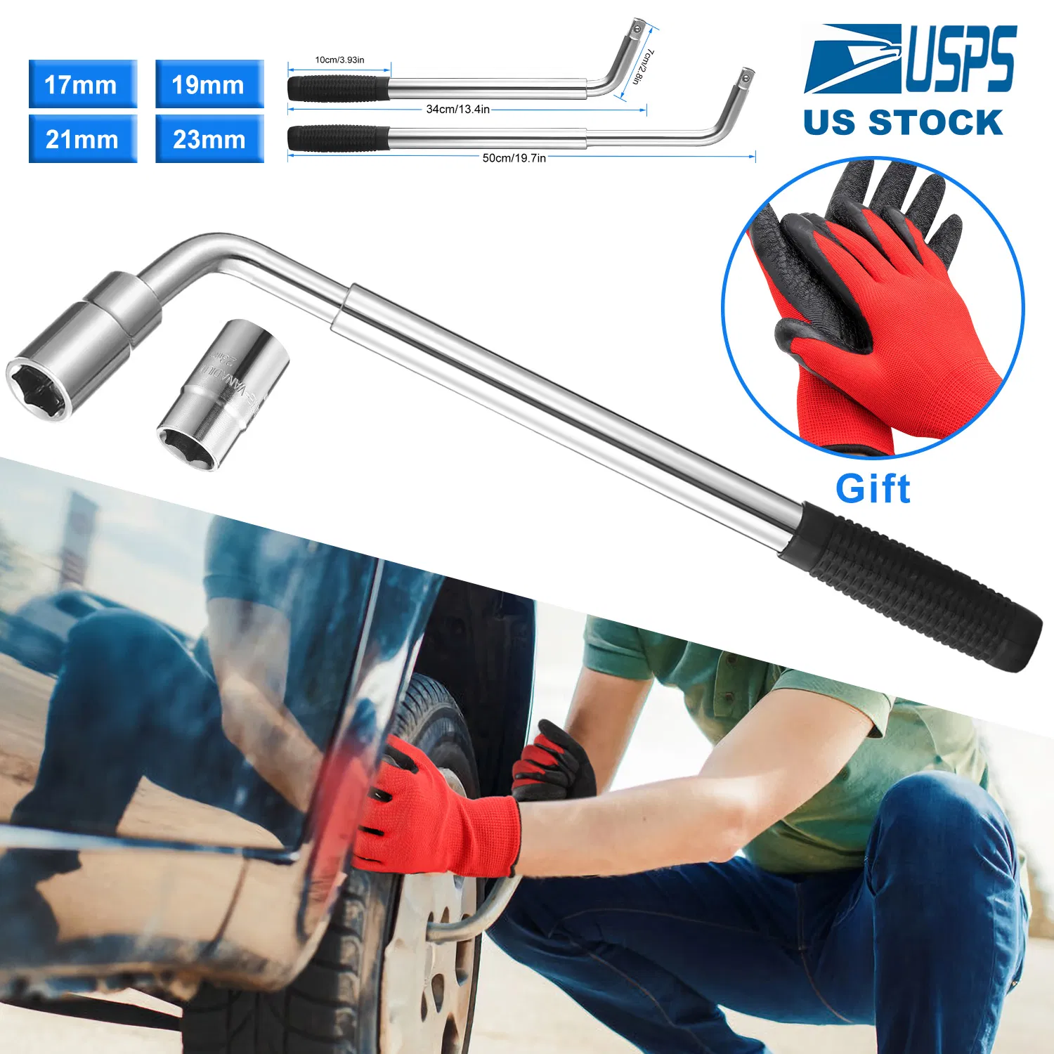 Telescoping Lug Wrench Extendable Tire Wheel Nut Wrench with CR-V Sockets 17mm/19mm/21mm/23mm Free Work Gloves photo 1