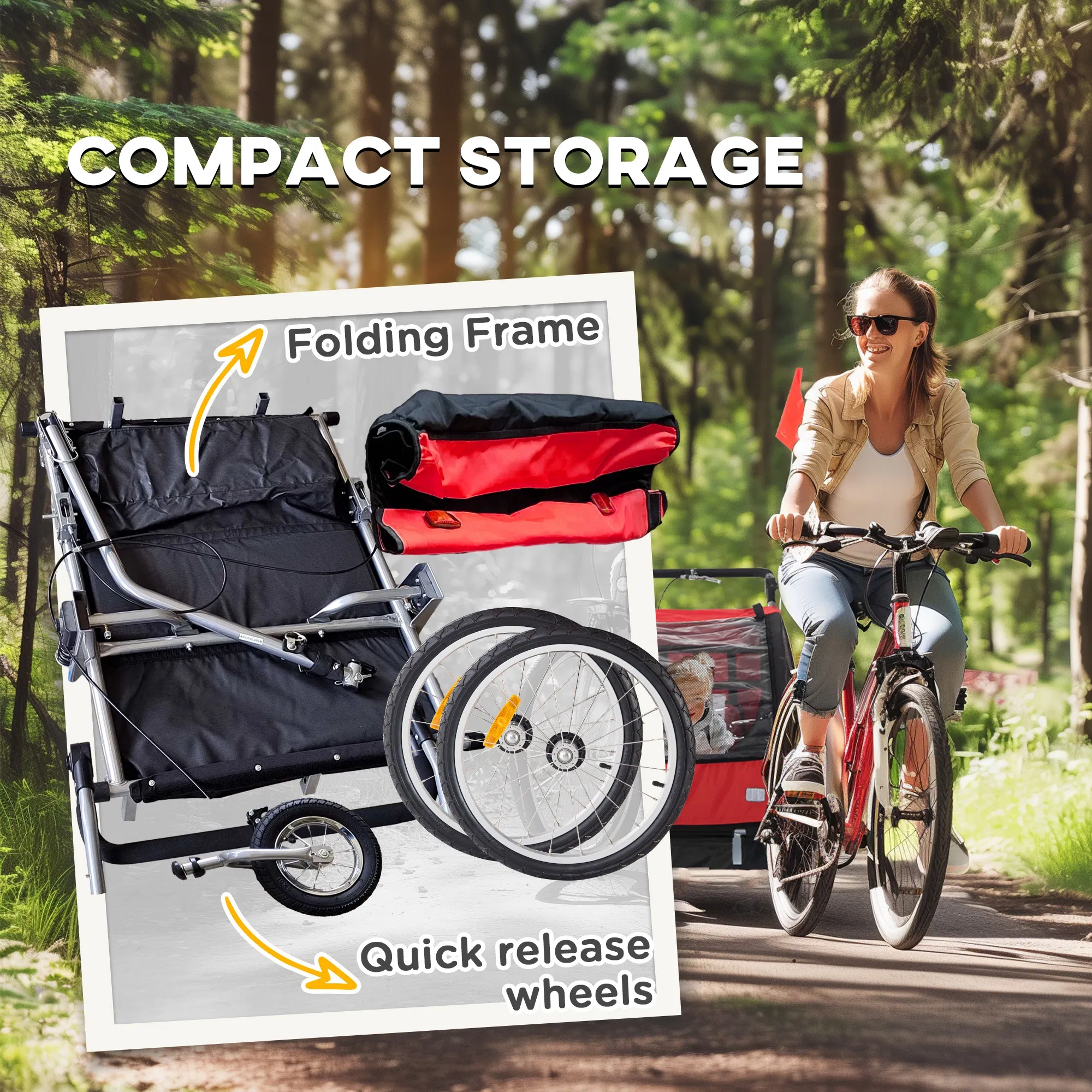 2-in-1 Bike Trailer for Kids, Foldable 2-Seat Baby Stroller with 5-Point Harness, Rubber Wheels, Storage Bag, Red photo 3