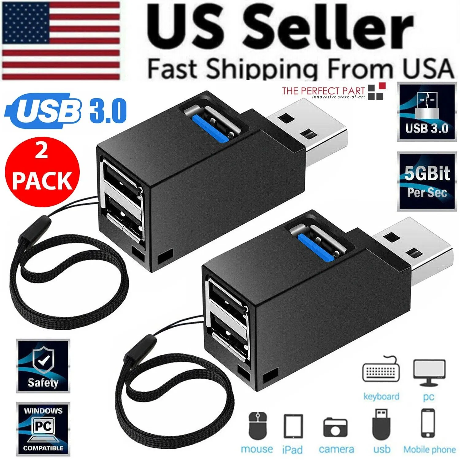 2 Pcs 3 Port USB 3.0 Hub Portable High Speed Splitter Box For PC Notebook Laptop photo 1