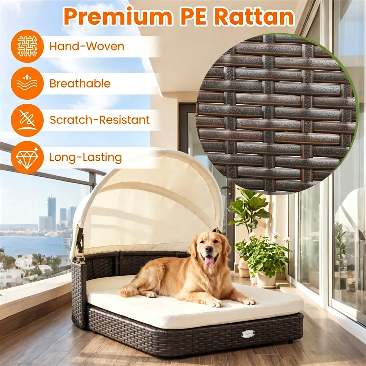 Hand-Woven PE Rattan Dog Bed with Adjustable Canopy, Elevated Outdoor Pet Daybed with Washable Plush Cushion, Anti-Slip Breathable Pet Shelter for Indoor Patio Garden-White photo 5