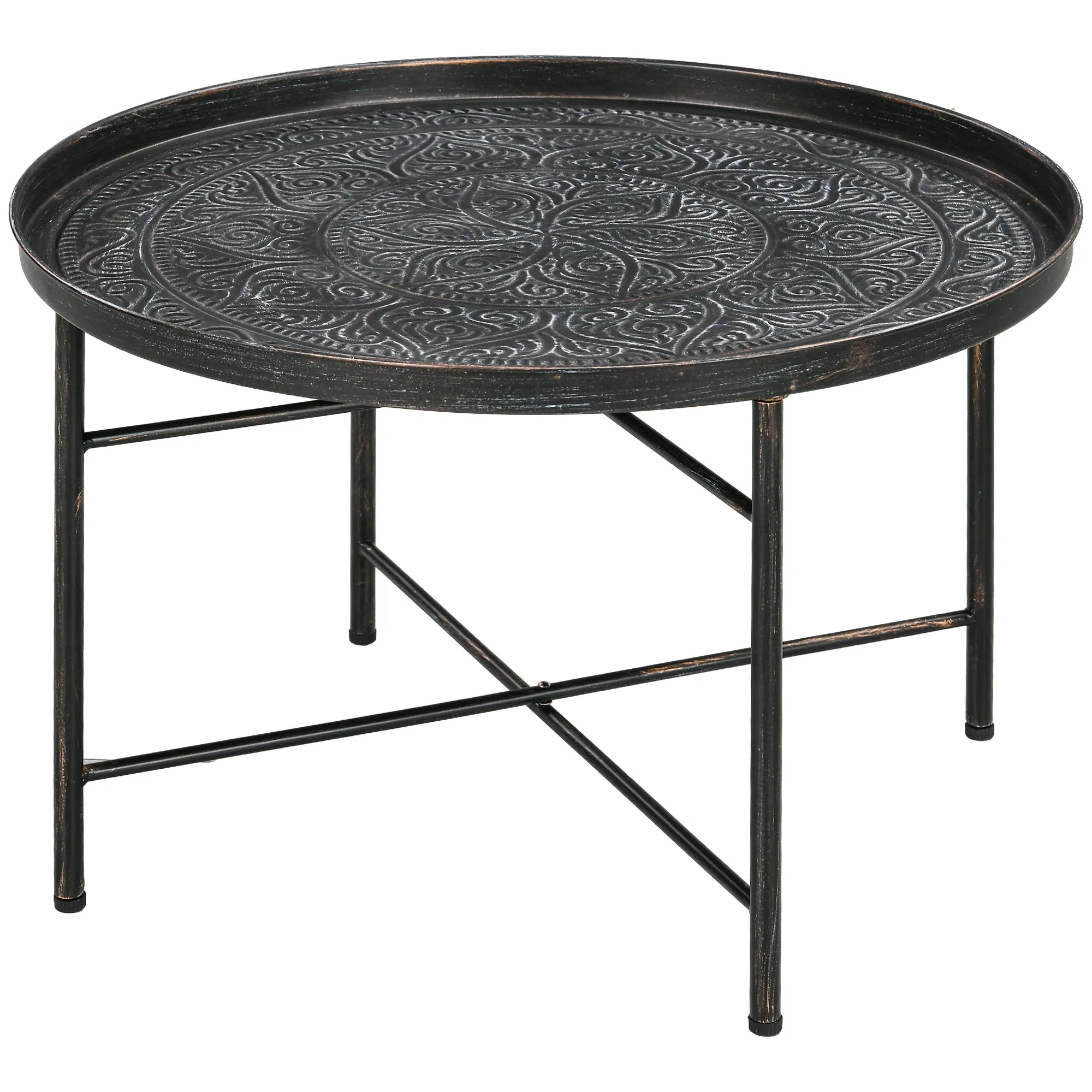 Vintage Coffee Table for Living Room, 24" Round Center Table with Hammered Tray Top and Metal Frame, Pewter photo 1