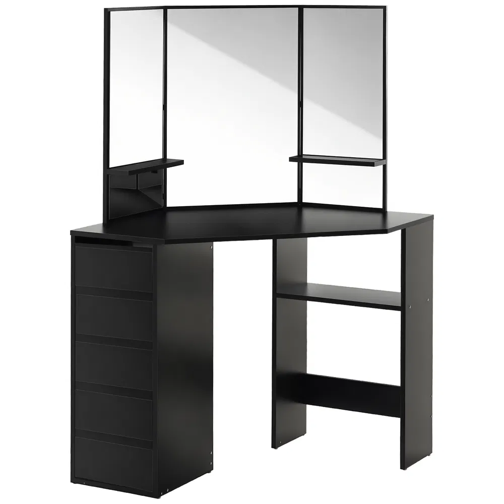 Corner Vanity Desk with Mirror, Makeup Vanity Table with 5 Drawers and Open Shelves, Dressing Table with 3-piece Mirror for Bedroom, Black photo 2