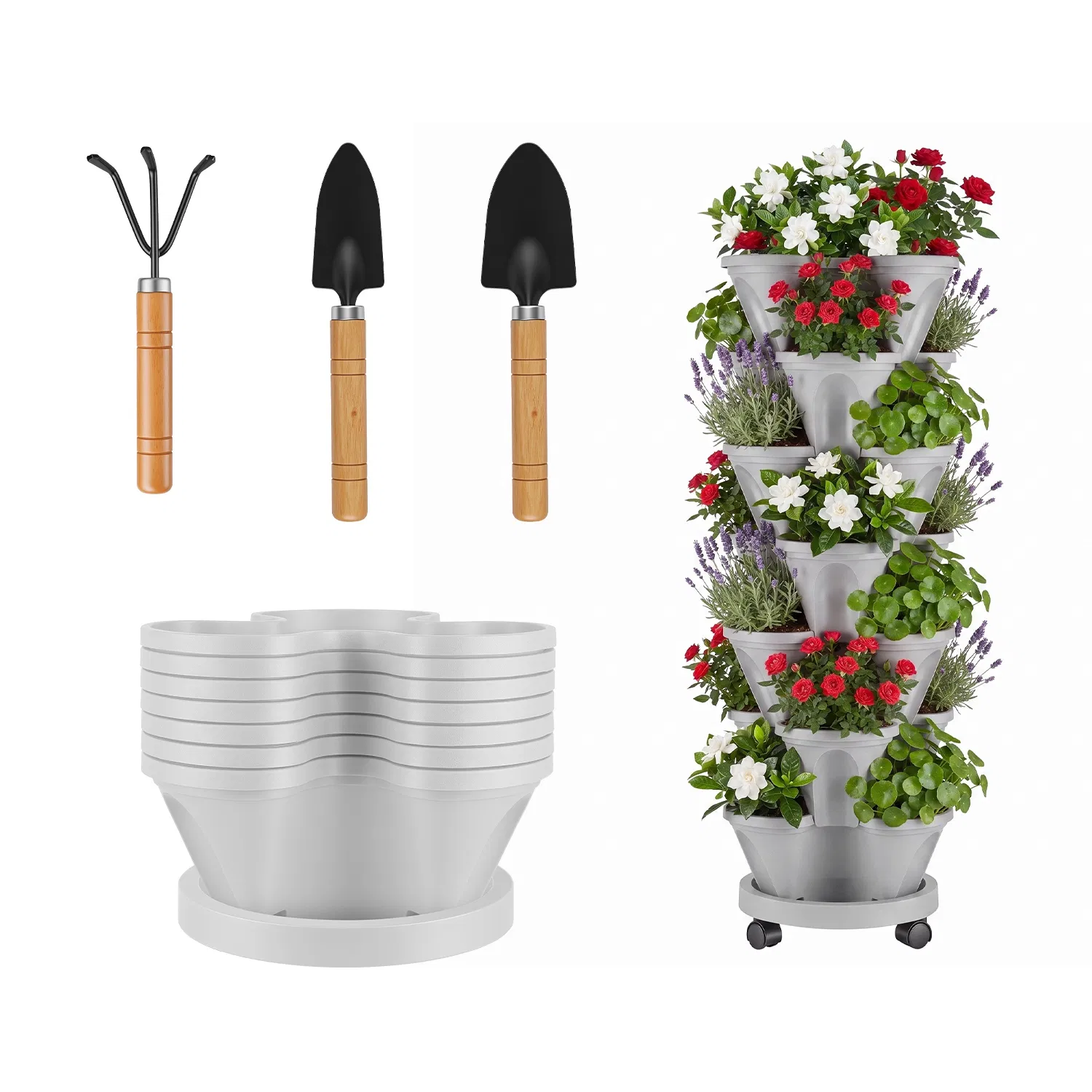 7-Tier Vertical Stackable Planter Tower with Casters, Space-Saving Stack-Up Garden Pots with Complete Tool Kit for Balcony, Deck, Indoor & Outdoor Gardening photo 4