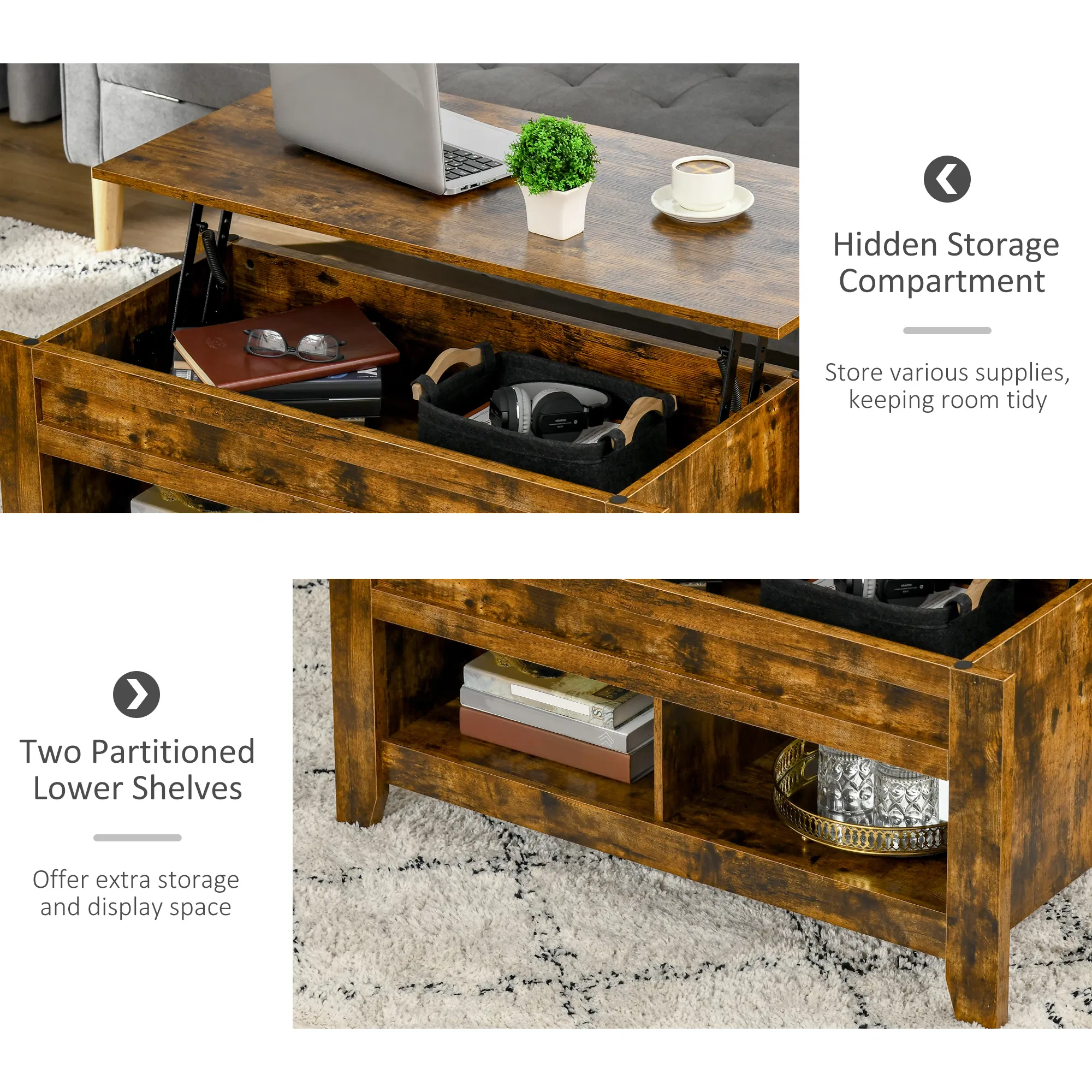 Lift Top Coffee Table with Hidden Storage Compartment and Open Shelves, Lift Tabletop Pop-Up Center Table for Living Room, Brown photo 5