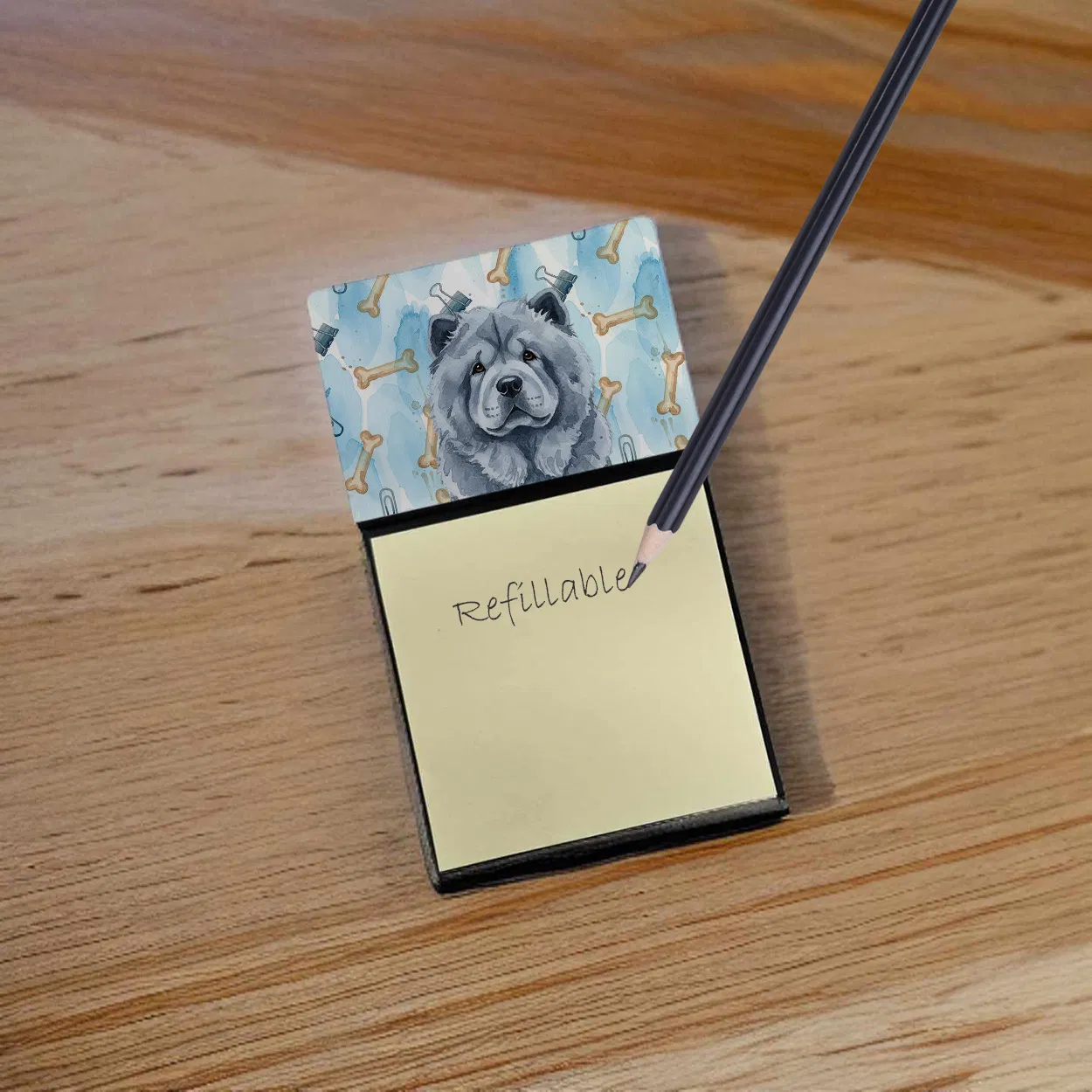 Blue Chow Chow Coworker Watercolor Sticky Note Holder Refillable Dispenser Desk Accessory 3x3 Pad Gift photo 2