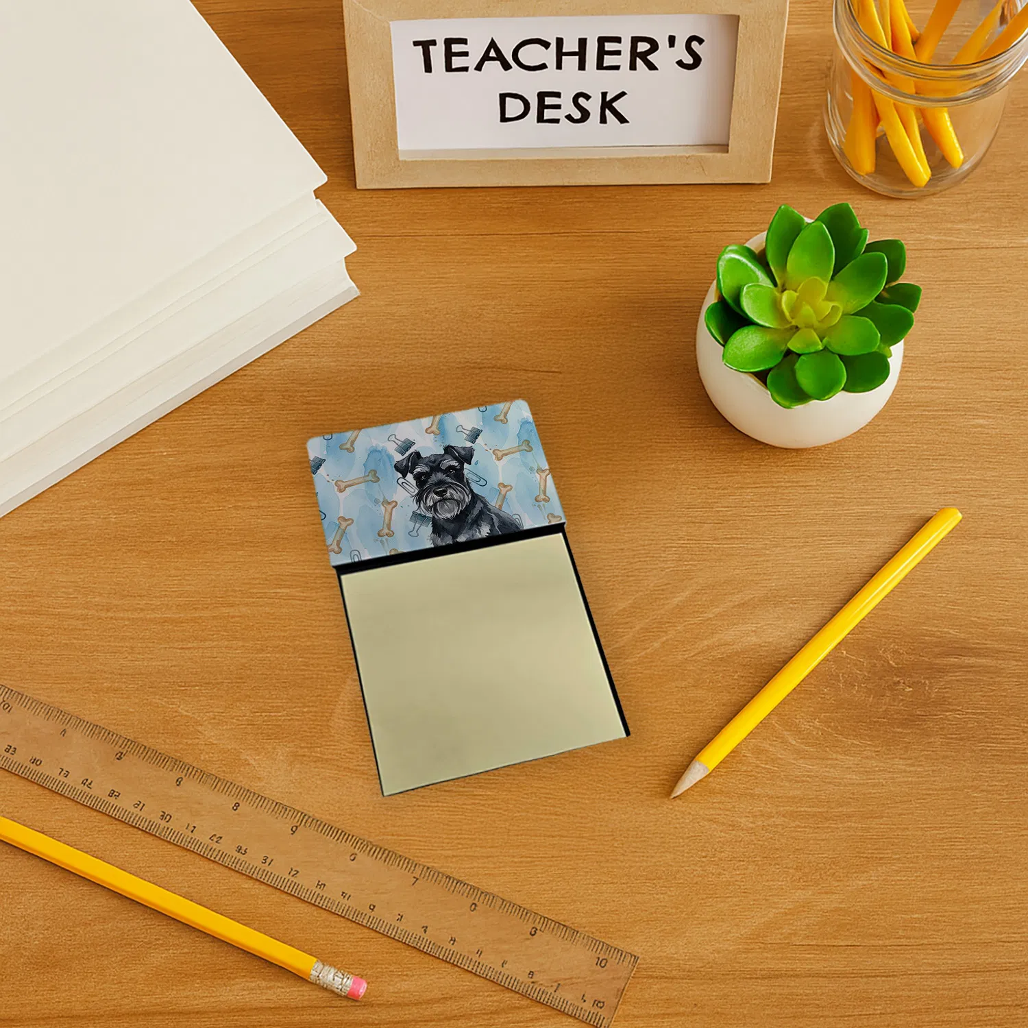 Black Miniature Schnauzer Coworker Watercolor Sticky Note Holder Refillable Dispenser Desk Accessory 3x3 Pad Gift photo 2