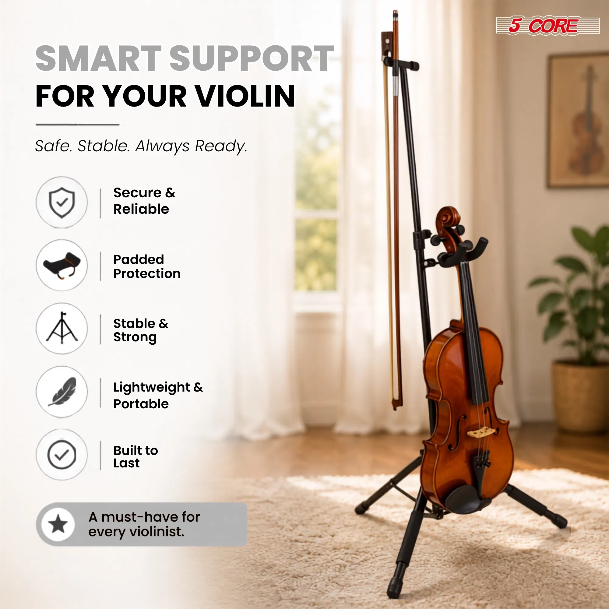 5 Core Violin Stand with Bow Holder Adjustable Heavy Duty Cello Banjo Mandolin Holder photo 7