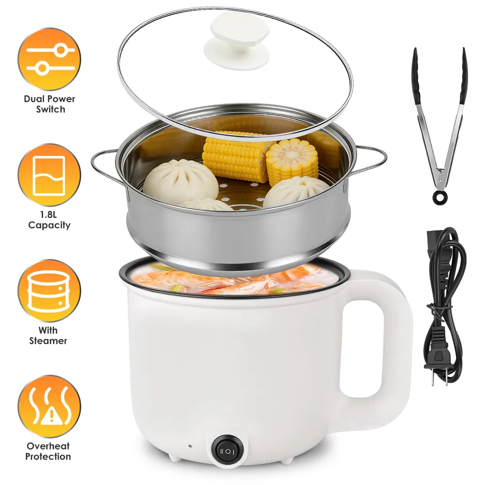 Electric Hot Pot with Steamer 1.8L Mini Portable Hot Pot with 300W 600W Dual Power for Egg Fried Rice Ramen Oatmeal Soup Overheat Protection for College Dorm Room Essential photo 2