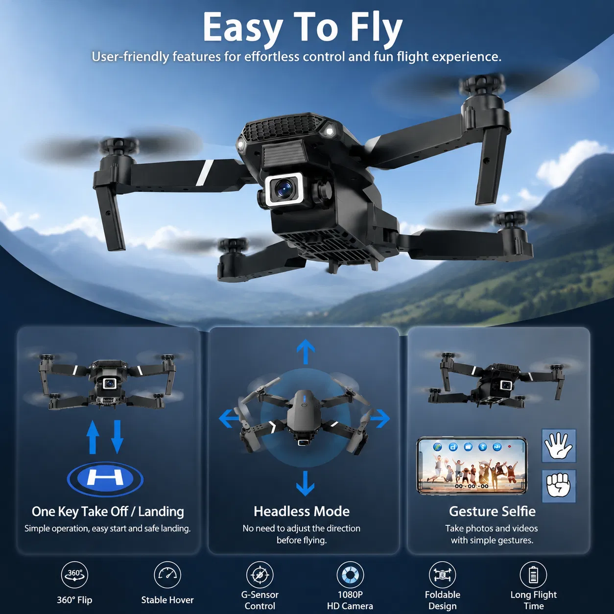 Foldable RC Drone with 1080P Camera for Adults Beginners & Kids, FPV Quadcopter Toy Gift, 2 Batteries & Carrying Case, OneKey Start, Headless Mode, Waypoint Flight, 360 Flips photo 3