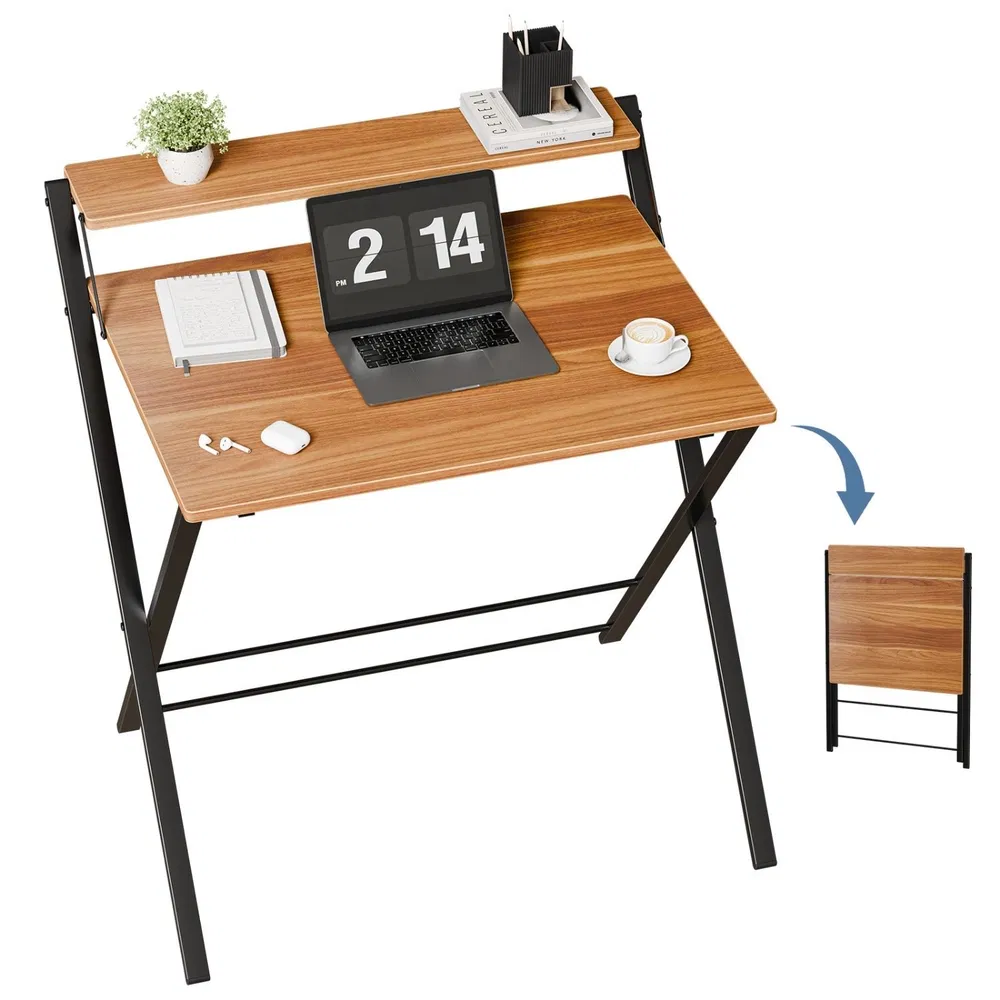 Small Folding Desk with Shelf, No-Assembly Foldable Computer Table for Tight Spaces, Portable Writing Desk for Office Dorm Apartment, Space Saving And Sturdy Metal Frame photo 3