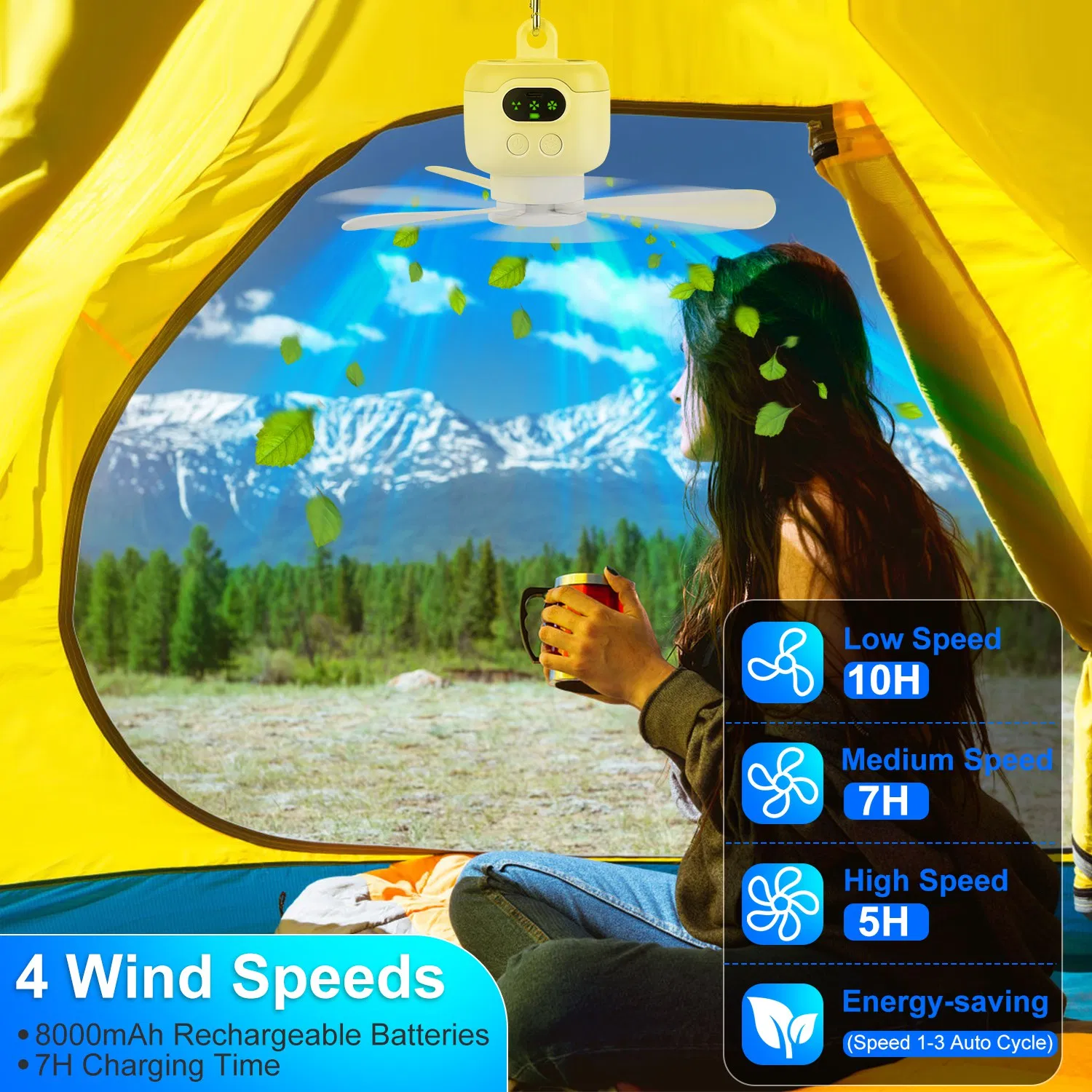2 In 1 Portable Camping Fan with LED Lantern 8000mAh Battery Powered Tent Fan with Carabiner Digital Display 4 Speeds 4 Timer Settings for Camping Canopy Tents RV photo 3