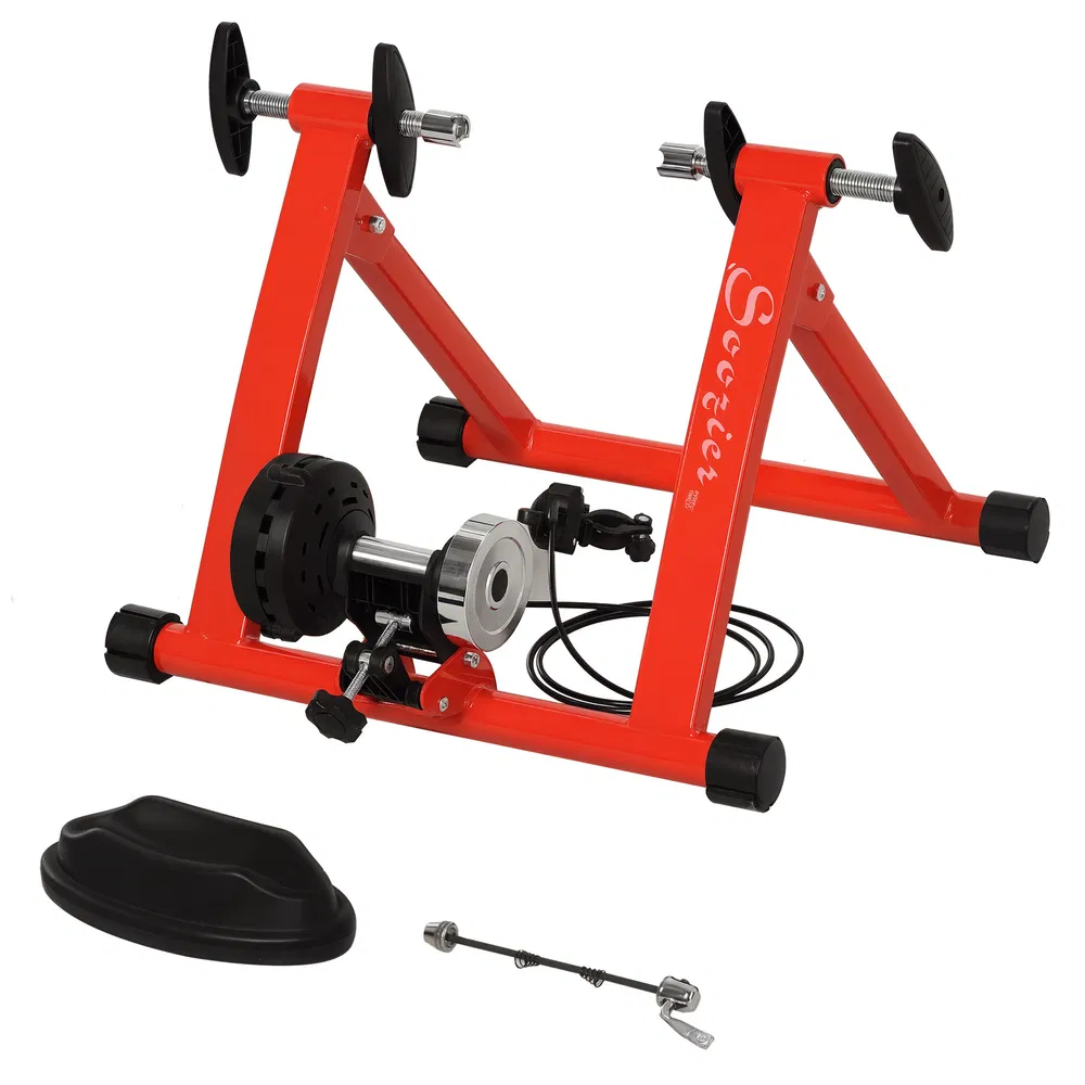 Bike Trainer Magnetic Bicycle Stand Indoor Exerciser w/ Quick Release Skewer, 5 Levels Resistance, Red photo 7