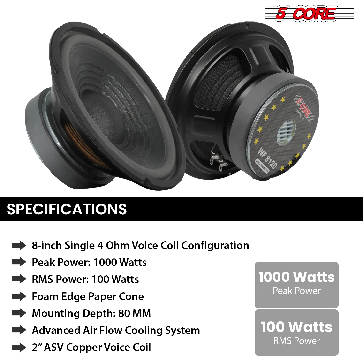 5 Core 8 Inch Woofer 200W Car Audio Subwoofer 8 or 4 Ohm Impedance Replacement Deep Bass Sub w 30 Oz Y30 Magnet Poly Cone Rubber Surround for Vehicle Sound System - WF 8 120 PP 4OHM photo 8