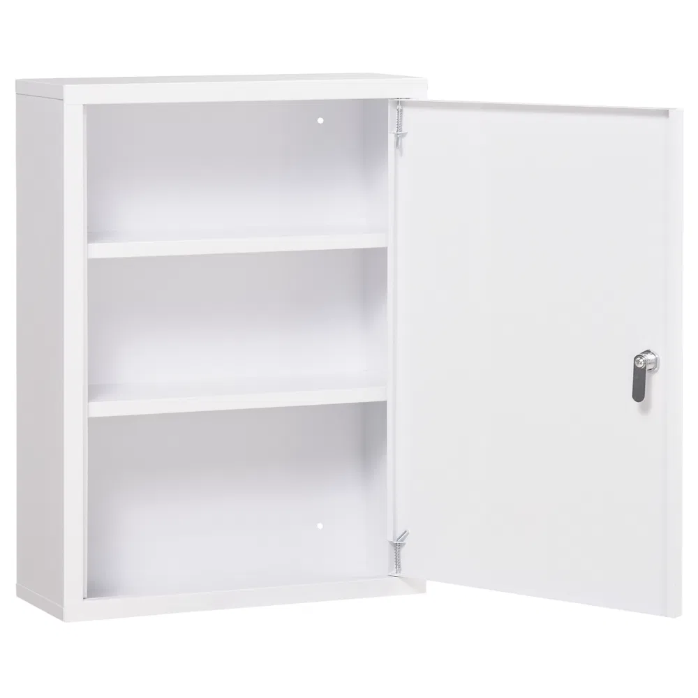 Lockable Medicine Cabinet, 3 Tier Steel Medical Wall Box with 2 Keys and Shelves for Bathroom, White photo 2
