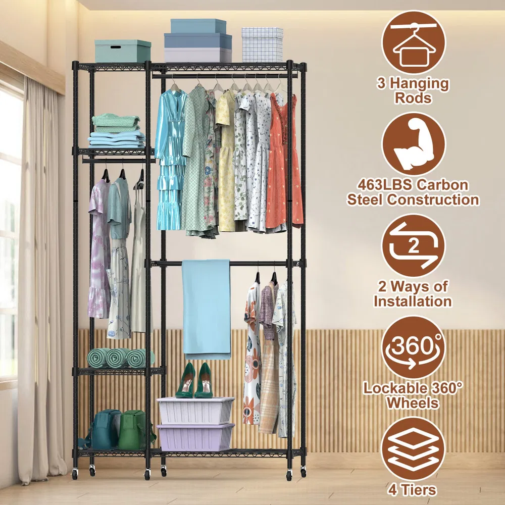 4 Tier Heavy Duty Garment Rack with Wheels Carbon Steel Clothing Rack Portable Wardrobe Clothes Rack with 3 Hanging Rods 6 Footrests 44.9x17.13x77.95in photo 2