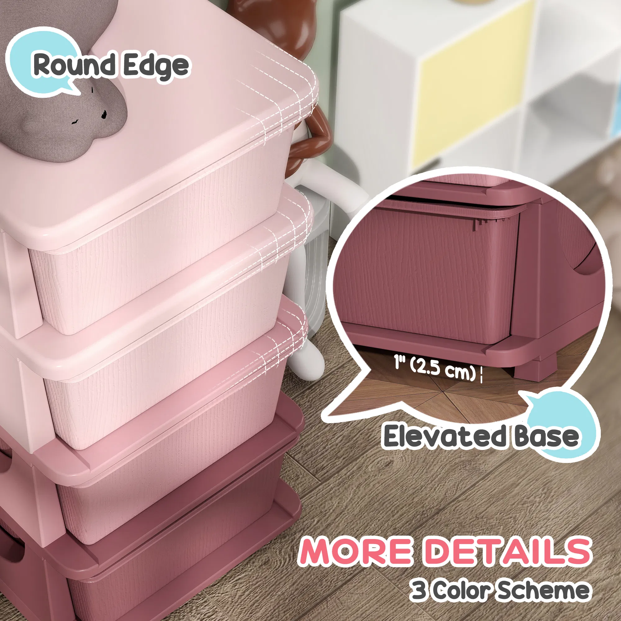 4 Tier Kids Toy Organizer and Storage Bins with 4 Plastic Drawers, Pink photo 4