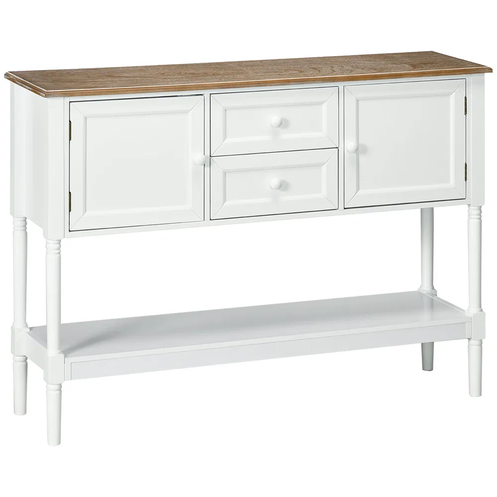 Vintage Console Table with 2 Drawers and Cabinets, Retro Sofa Table for Entryway, Living Room and Bedroom, White photo 7